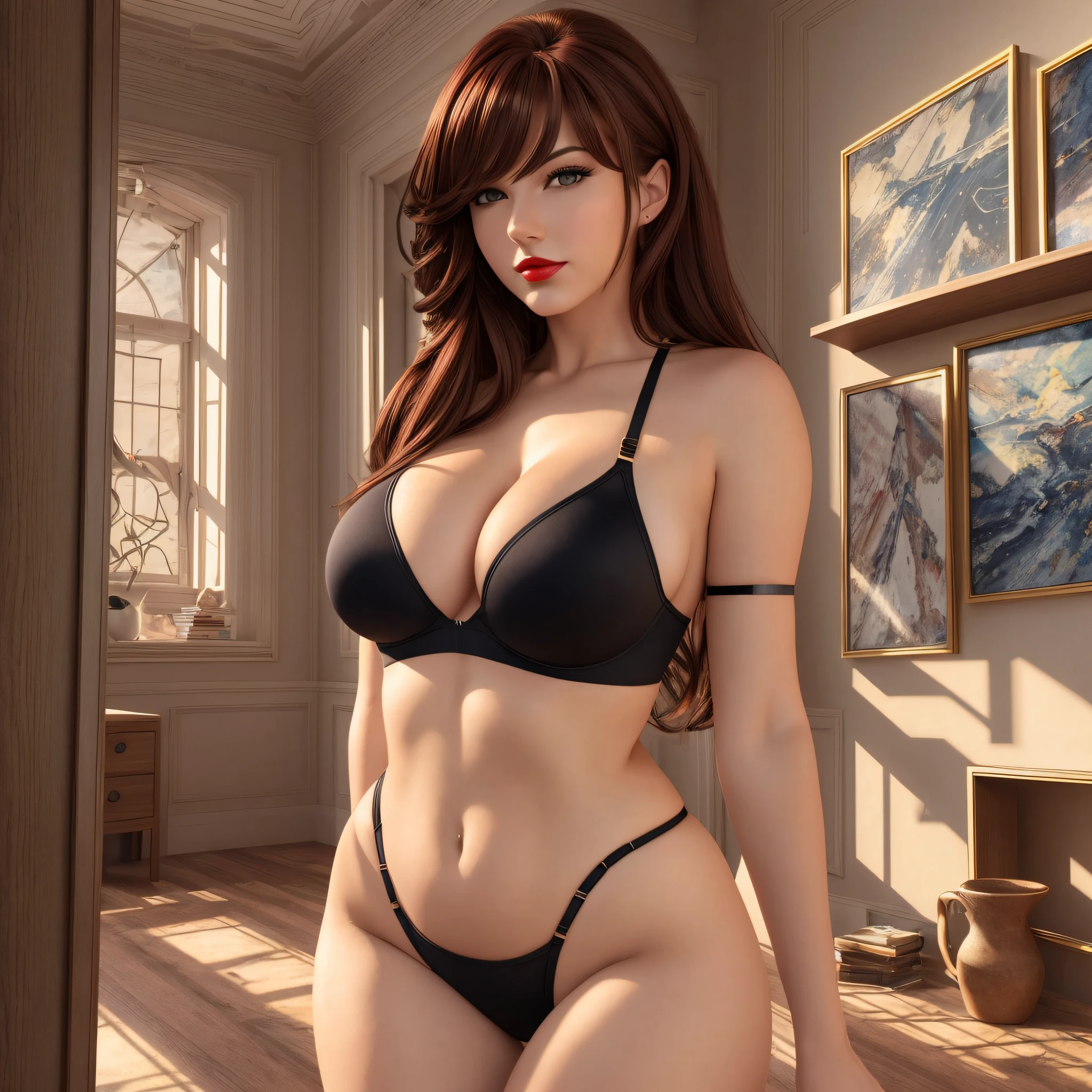 1 woman, 20 years apparent, jackopose, photon mapping, hair, red lips, brown hair, black eyes, tight bra, and large breasts, protruding thighs, beautiful curves, Masterpiece --auto --s2
