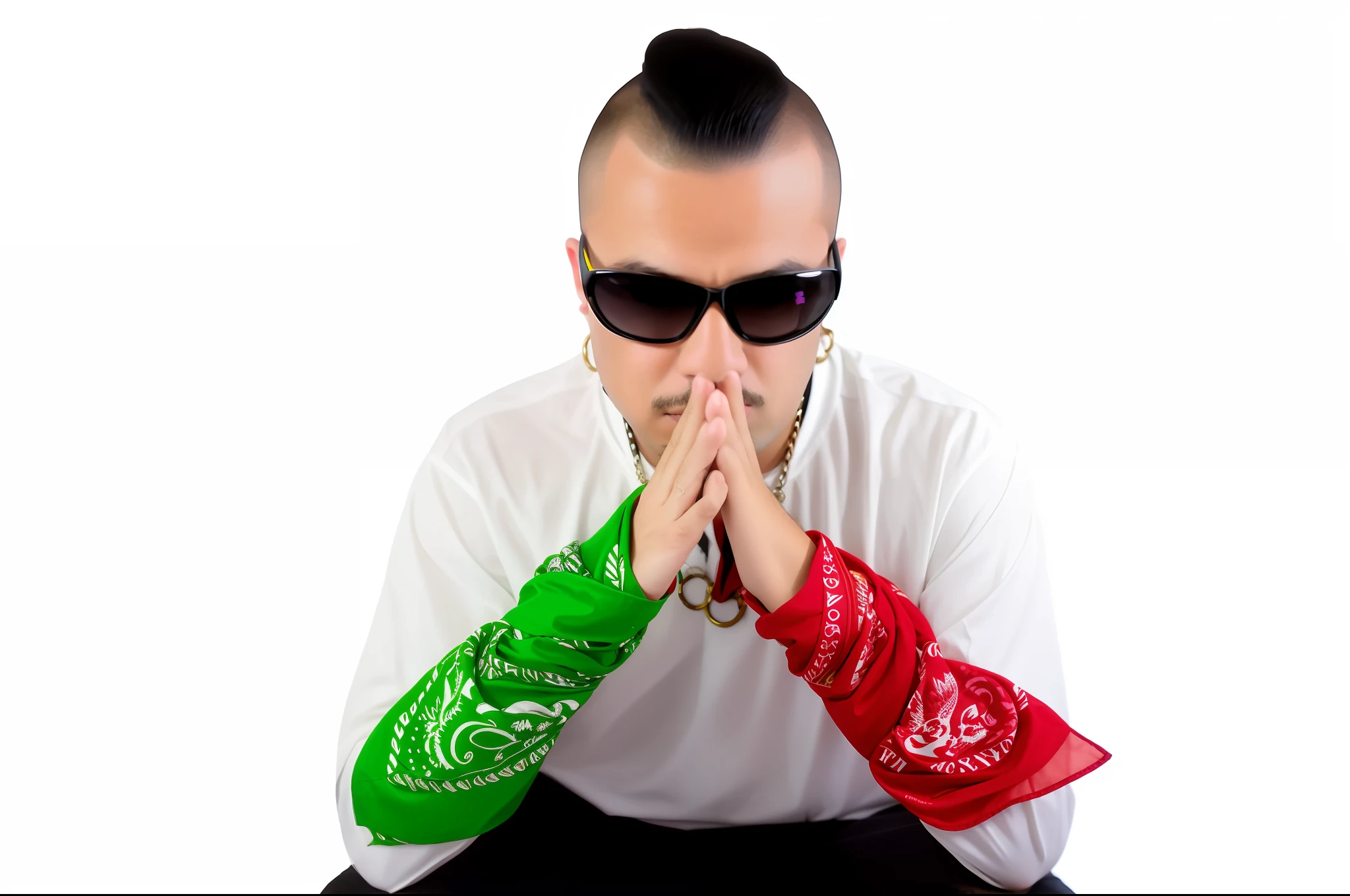 Araffe Man with bandana and sunglasses sitting on a black background, looking Heckin cool and elegant, wearing a bandana and chain, hearing no harm, photo of a promotional session, portrait of Lucha Libre DJ, Tekkon Kinkret, lit from the side, people with mohawks, looking sideways
