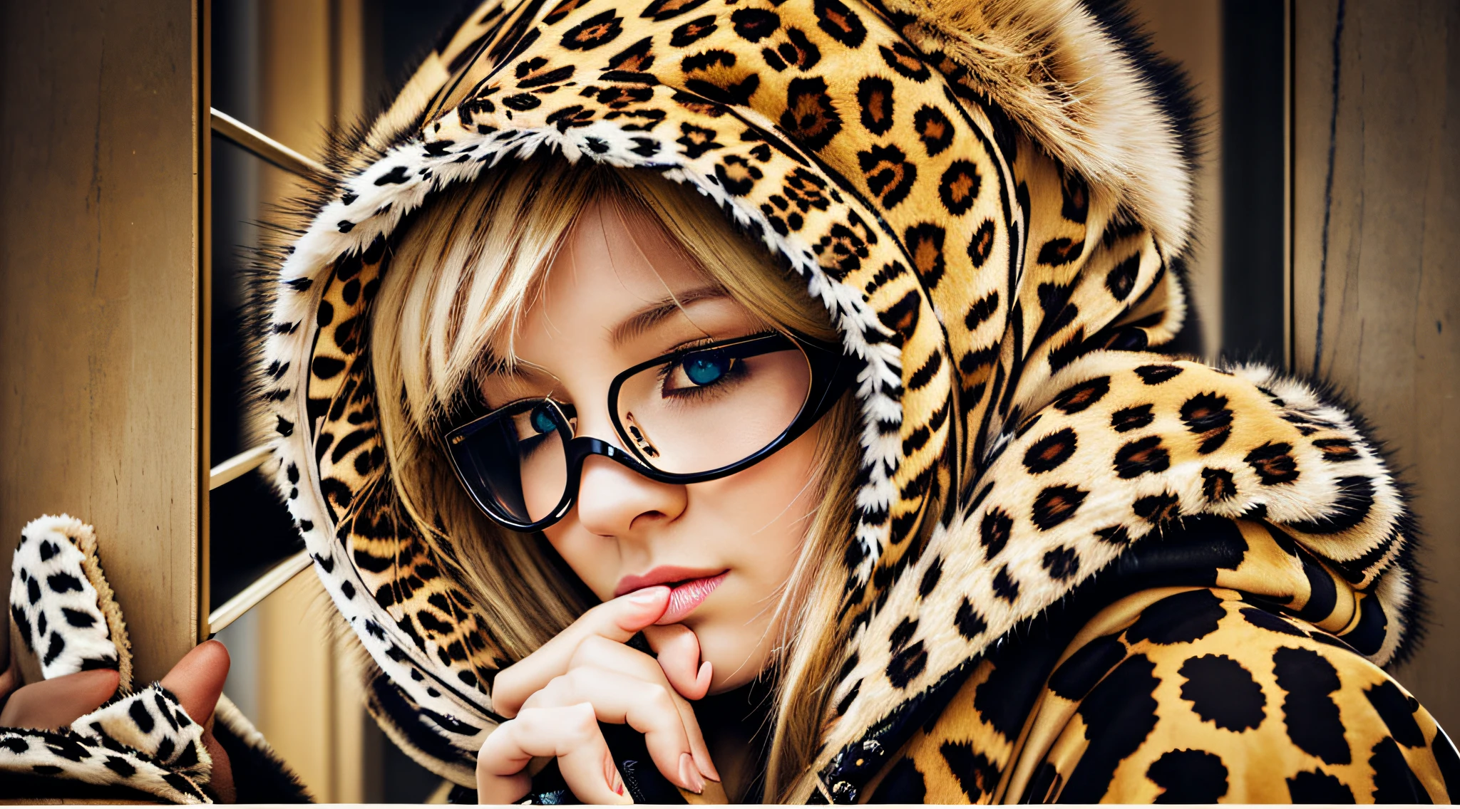 blond haired girl in leopard print coat covering her face with hands, wearing animal skin clothing, hair covering eyes, facepalm, cloak covering face, hiding, hat covering eyes, using dead lion costume jacket, hear no evil, professionally designed, see no evil, spying discretly, hidden, hand over mouth, wearing an eyepatch, head shoot, viral image, spying
