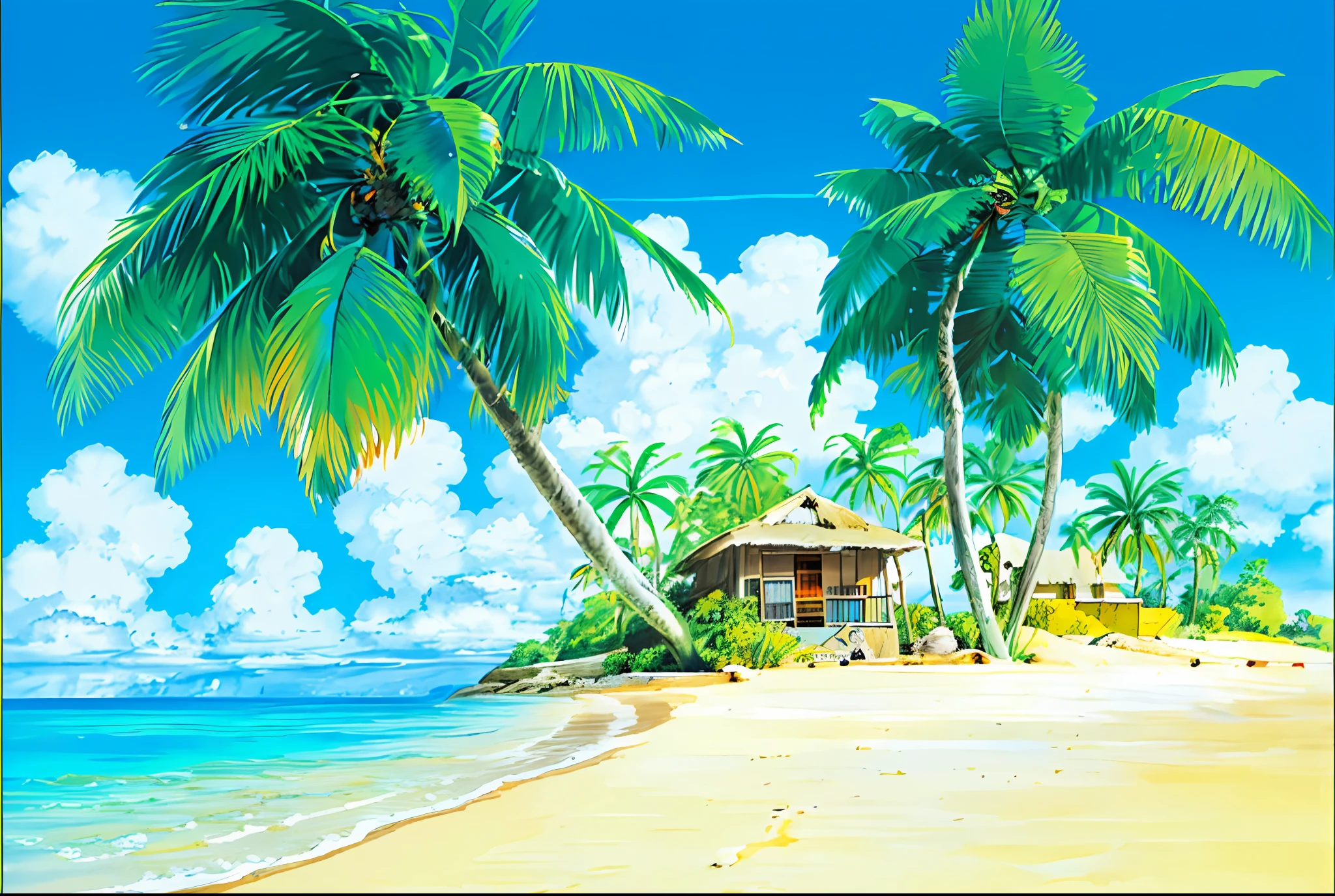 (((Best Quality))), high saturation, clear, reasonable structure, cartoon style, architecture, beach, boat, hut, palm tree, sand, sea, seagull, sky, sunny day, fantasy, no_humans, outdoor, landscape, real, beautiful and amazing landscape oil painting Ghibli Studio Miyazaki’s tropical island with blue sea and sky, tropical island, coconut --v6