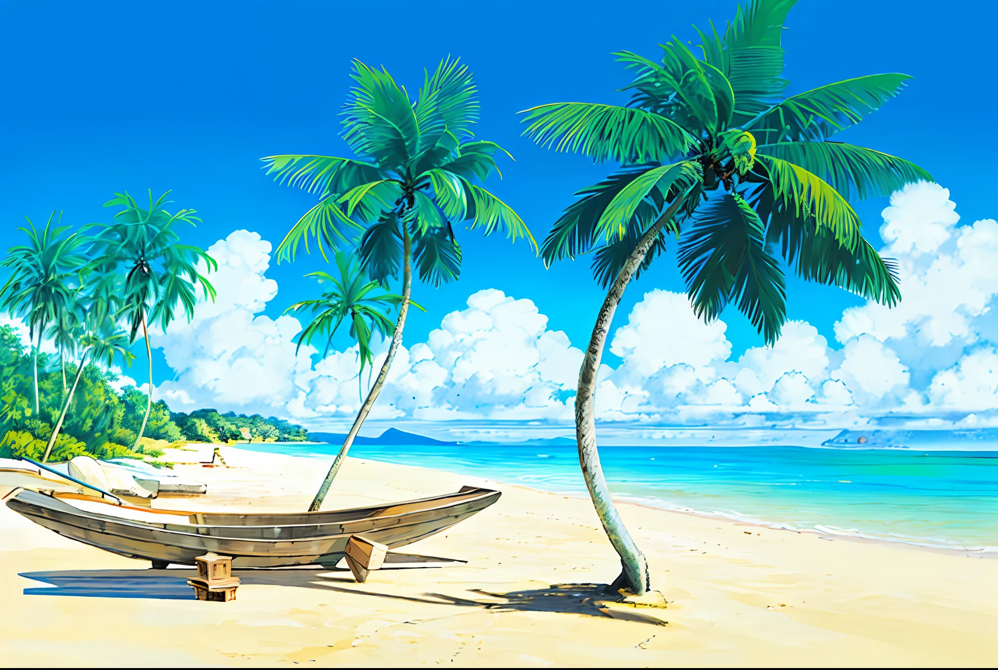 (((Best Quality))), high saturation, clear, reasonable structure, cartoon style, architecture, beach, boat, hut, palm tree, sand, sea, seagull, sky, sunny day, fantasy, no_humans, outdoor, landscape, real, beautiful and amazing landscape oil painting Ghibli Studio Miyazaki’s tropical island with blue sea and sky, tropical island, coconut --v6