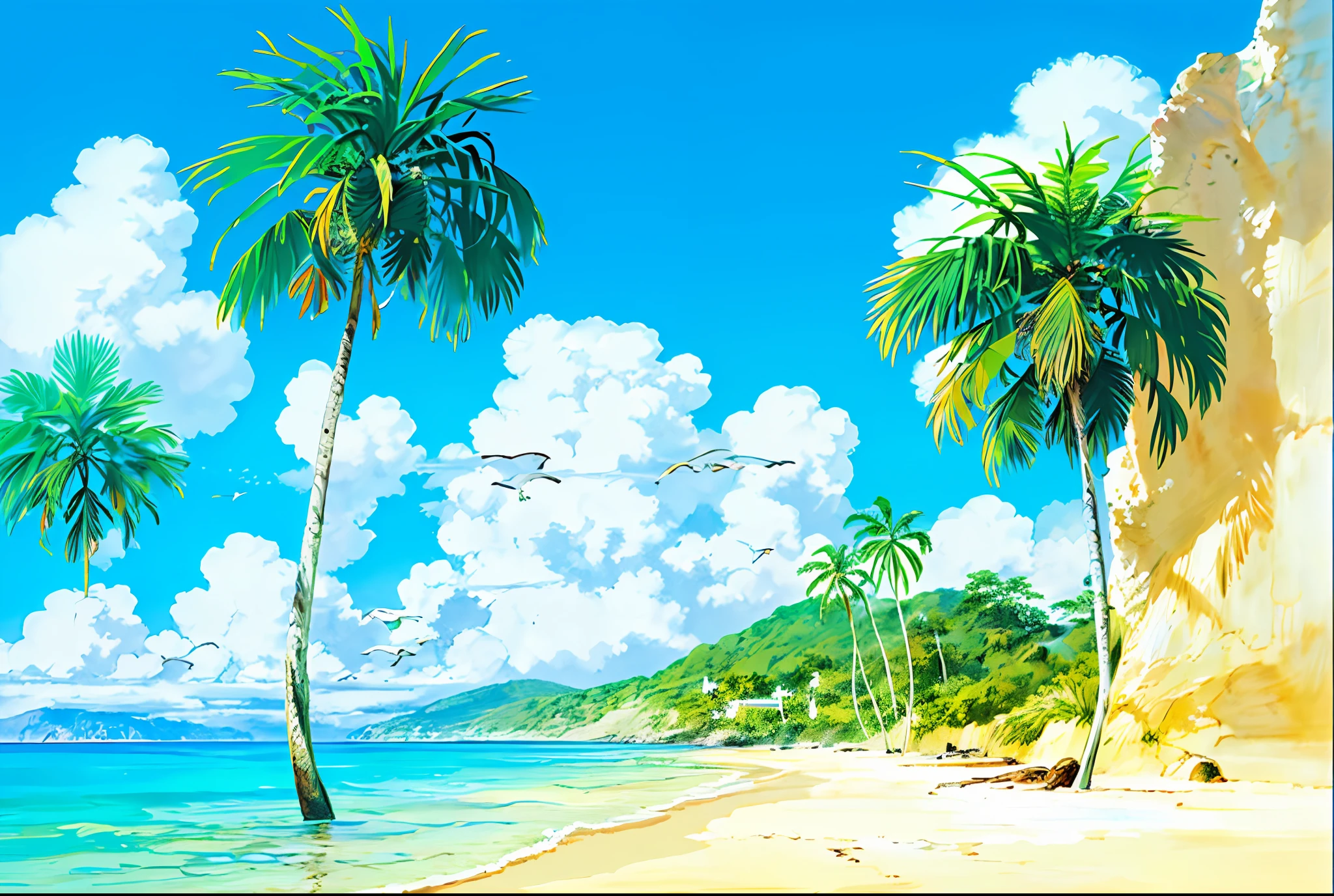 (((Best Quality))), high saturation, clear, reasonable structure, cartoon style, architecture, beach, boat, hut, palm tree, sand, sea, seagull, sky, sunny day, fantasy, no_humans, outdoor, landscape, real, beautiful and amazing landscape oil painting Ghibli Studio Miyazaki’s tropical island with blue sea and sky, tropical island, coconut --v6