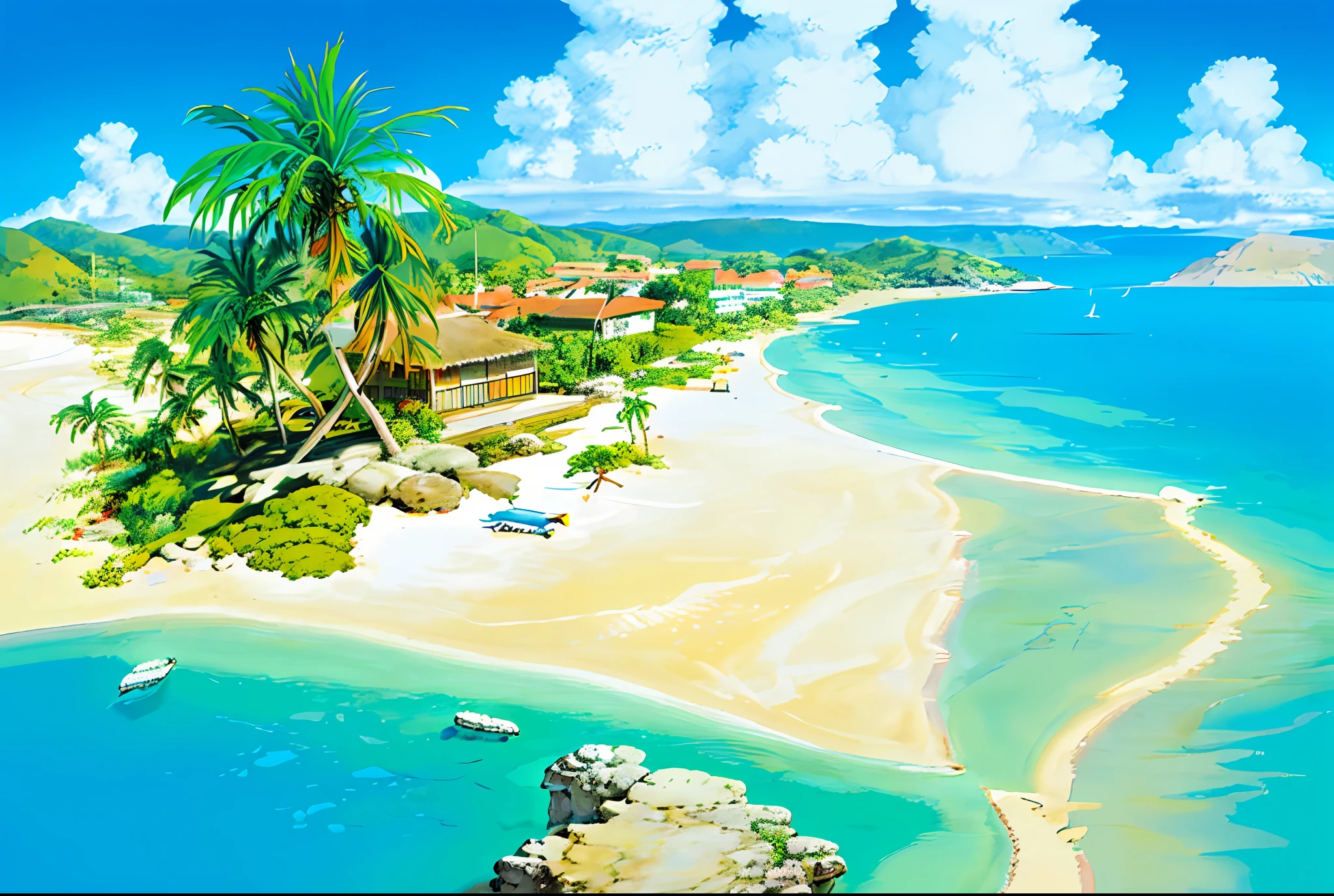 (((Best Quality))), high saturation, clear, reasonable structure, cartoon style, architecture, beach, boat, hut, palm tree, sand, sea, seagull, sky, sunny day, fantasy, no_humans, outdoor, landscape, real, beautiful and amazing landscape oil painting Ghibli Studio Miyazaki’s tropical island with blue sea and sky, tropical island, coconut --v6