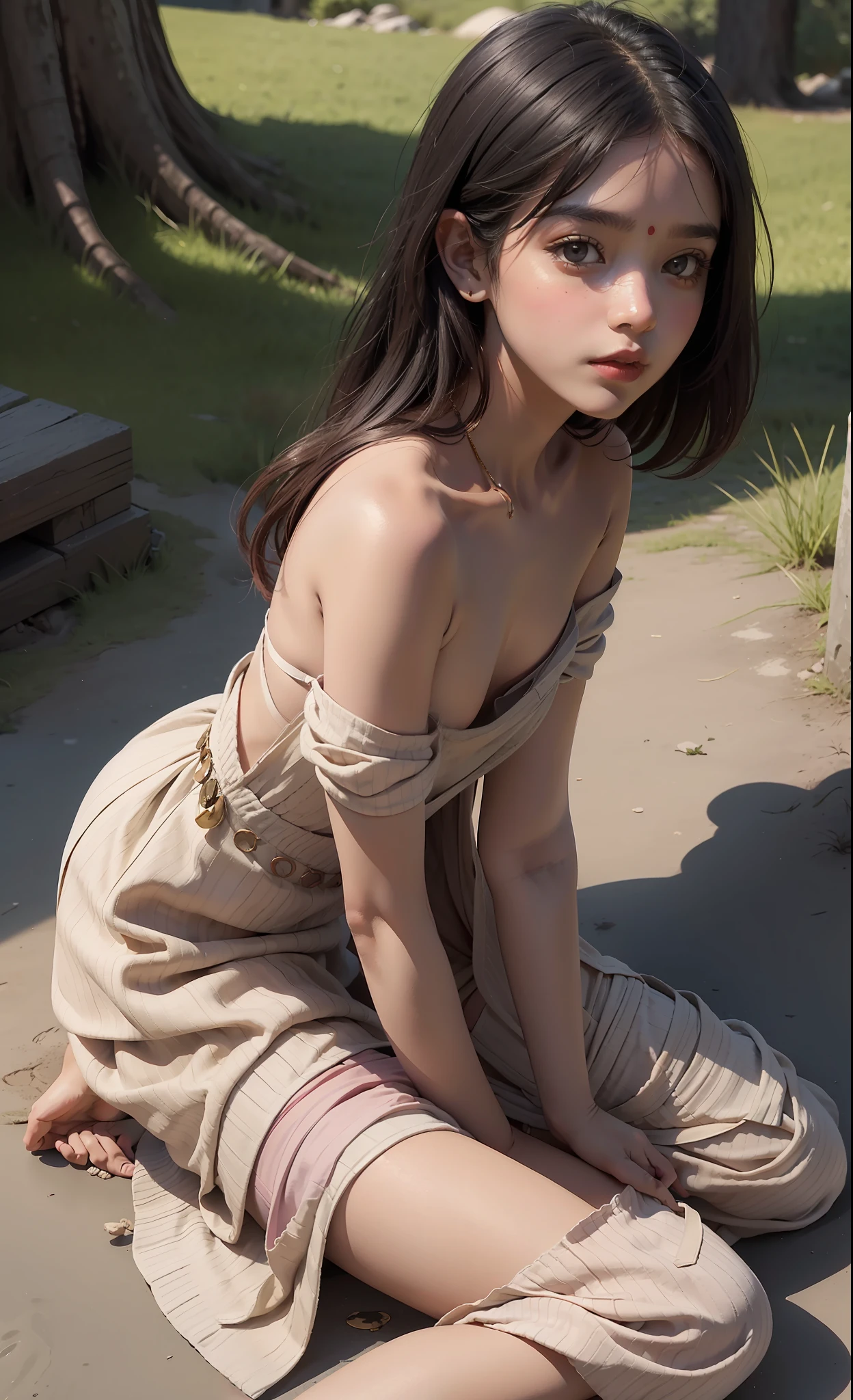 Ground view, concept art, small chest, hips, look at viewer, on ground, sitting on ground, SEDUCTIVE, shy blush face, sexual expression, 1 Indian girl, wearing long small colourful dress, bare shoulder, chest exposed, unconcerned, NSFW, quality, in the edge of mountain, contrast, dark, little chubby,