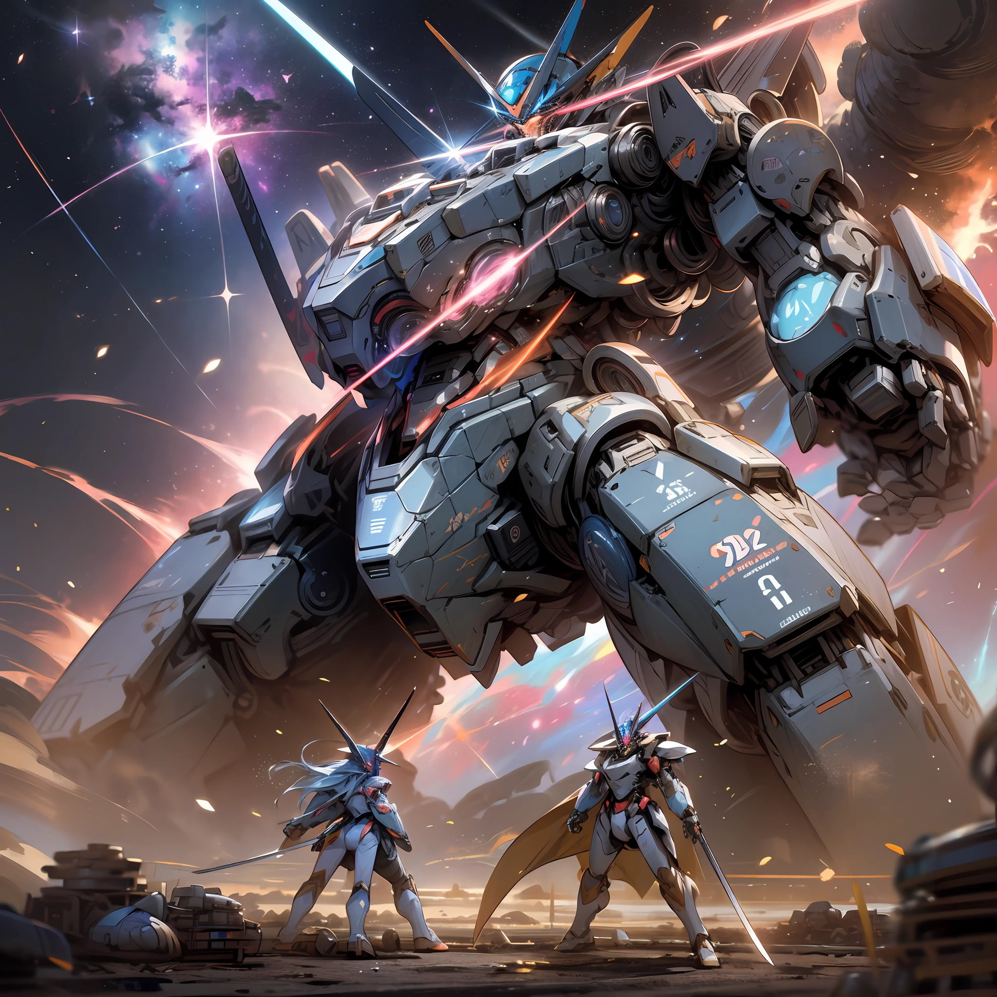 Cosmic battle, two giant mechs battling with swords, 2mecha, epic robots, robots, two robots, cosmic abstract scenery, galaxies in the background, cosmic dust, clash of swords, colorful nebulae, masterpiece, hyper realistic, flashier texture --auto --s2