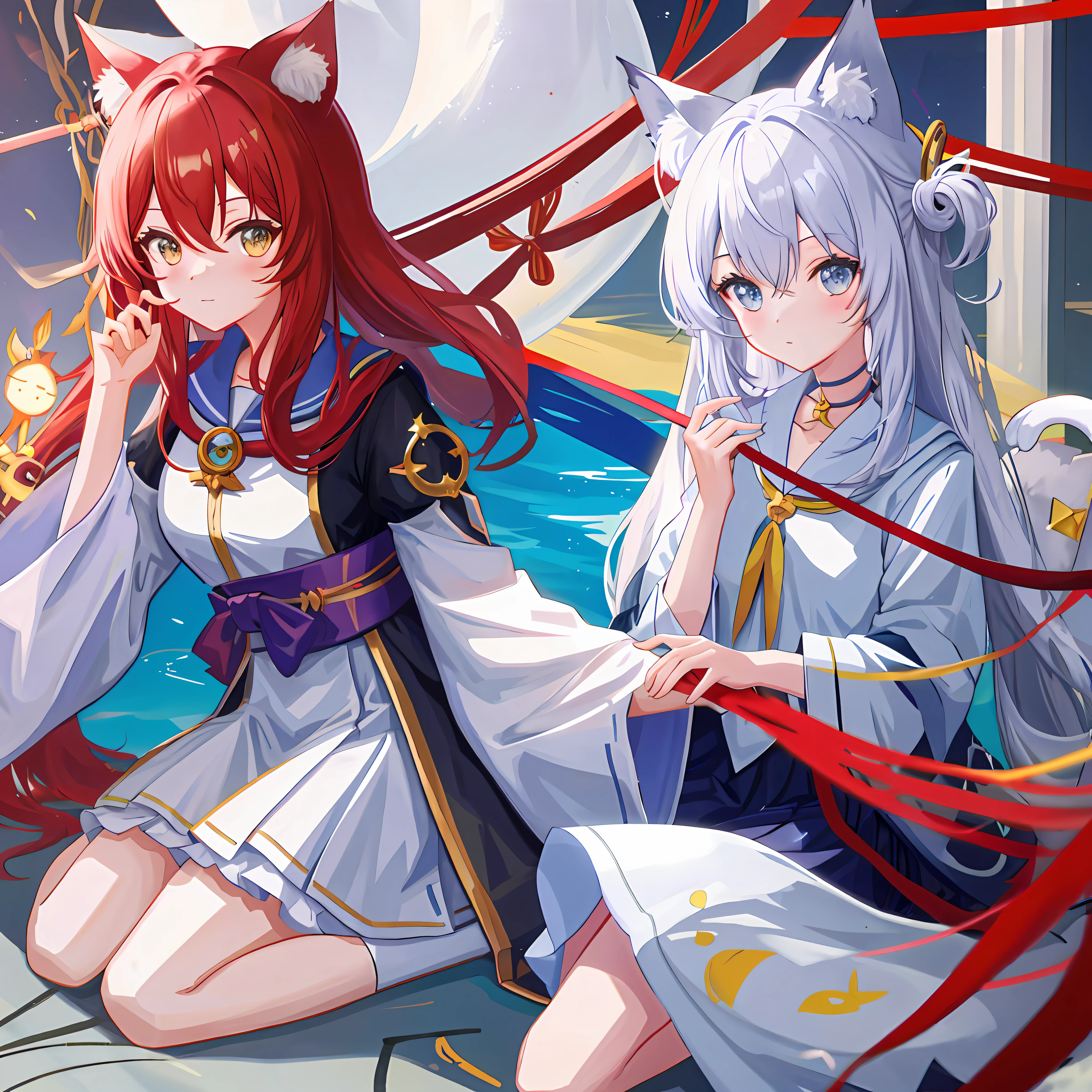 logo,cat girl,anime style,upward、high quality,8k,priestess,white fur,