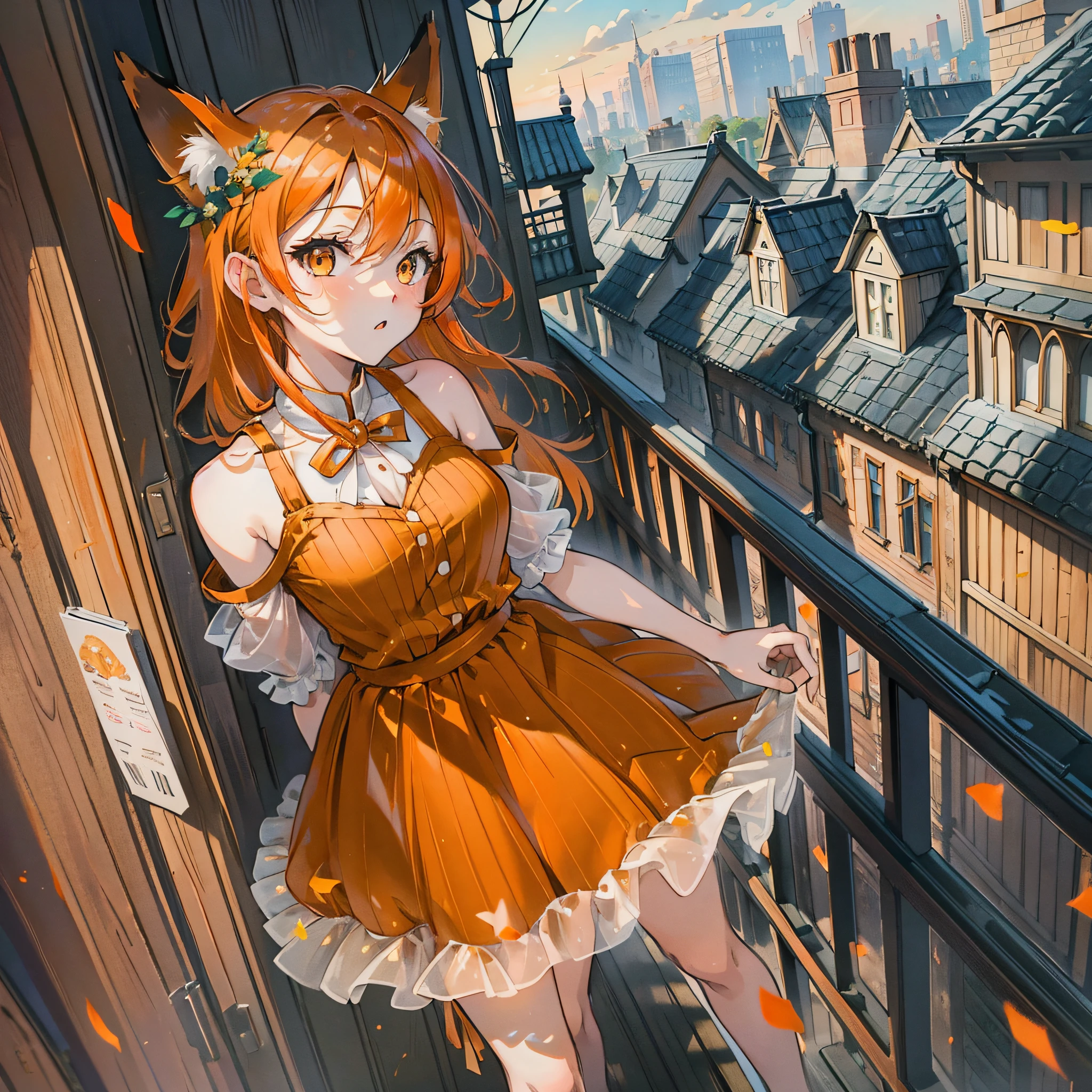 Absurd, masterpiece, high quality, highly detailed, 1girl, lifeland, fox girl, orange hair, short dress, standing, shoulders exposed, legs crossed, arms to shoulders, backyard, balcony, manga style --auto --s2