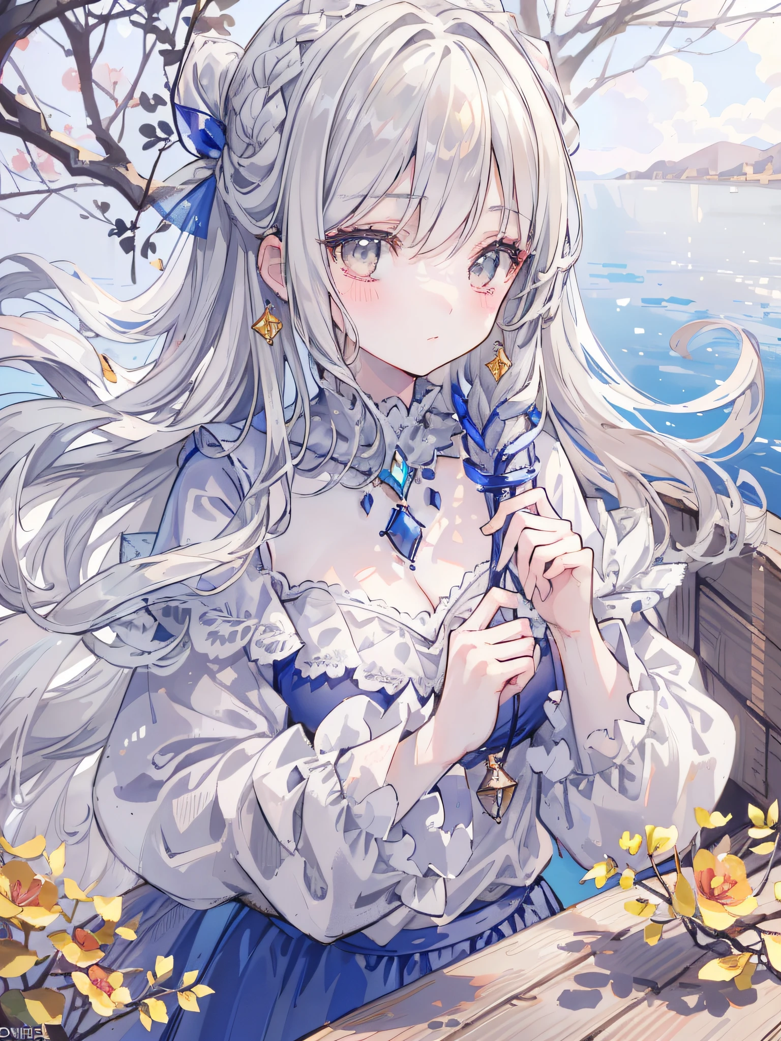 (Masterpiece), (Best Quality), (1 Girl)), Amazing, Beautiful Detail Eyes, Fine Detail, Depth of Field, Original, ((Best Quality)), ((Super Detailed)), (Best Illustration), (Best Lighting, Best Shadow), (Very Delicate and Beautiful)), Very Detailed Wallpaper, Dream Background, From Above, Landscape, Young Girl, Lori, Full Body, Long White Hair, (((Gray Eyes)), Beautiful Detail Eyes, Medium Breasts, (((Cobalt Long Skirt)), Fluffy Long Sleeves, hair accessory, necklace, winter, light, light makeup, outdoors, blush, by the lake, looking into the distance, on a wooden boat, windblown and floating