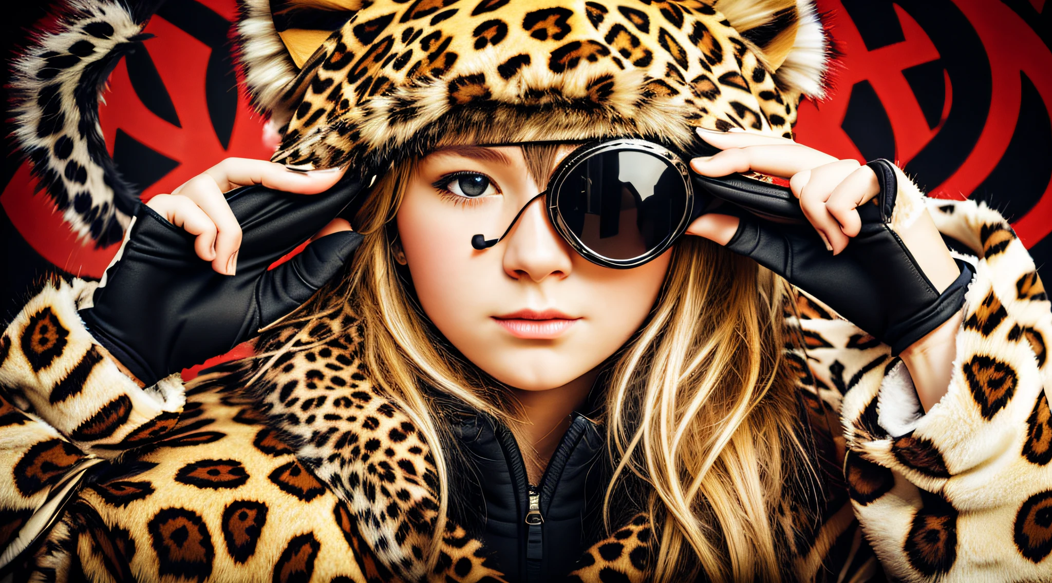 13 YEAR OLD girl, blonde hair in leopard print coat covering her face with her hands, wearing animal fur clothes, hair covering her eyes, facepalm, cape covering her face, hiding, hat covering her eyes, wearing dead lion costume jacket, hear no evil, professionally designed, see no evil, spying discreetly, hidden, hand over mouth, wearing an eye patch, head shot, viral image, spying