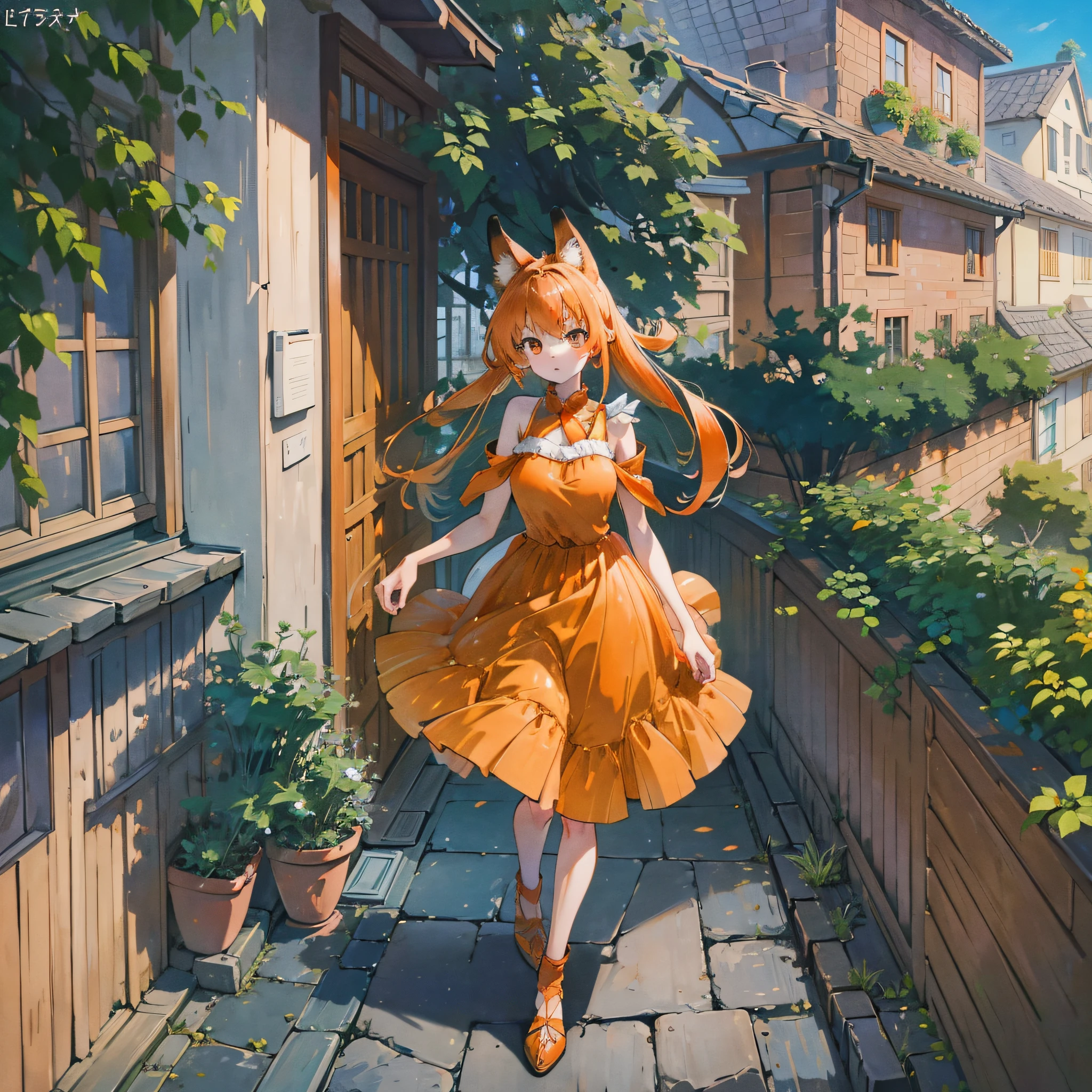 Absurd, masterpiece, high quality, highly detailed, 1girl, lifeland, fox girl, orange hair, short dress, standing, shoulders exposed, legs crossed, arms to shoulders, backyard, balcony, manga style --auto --s2