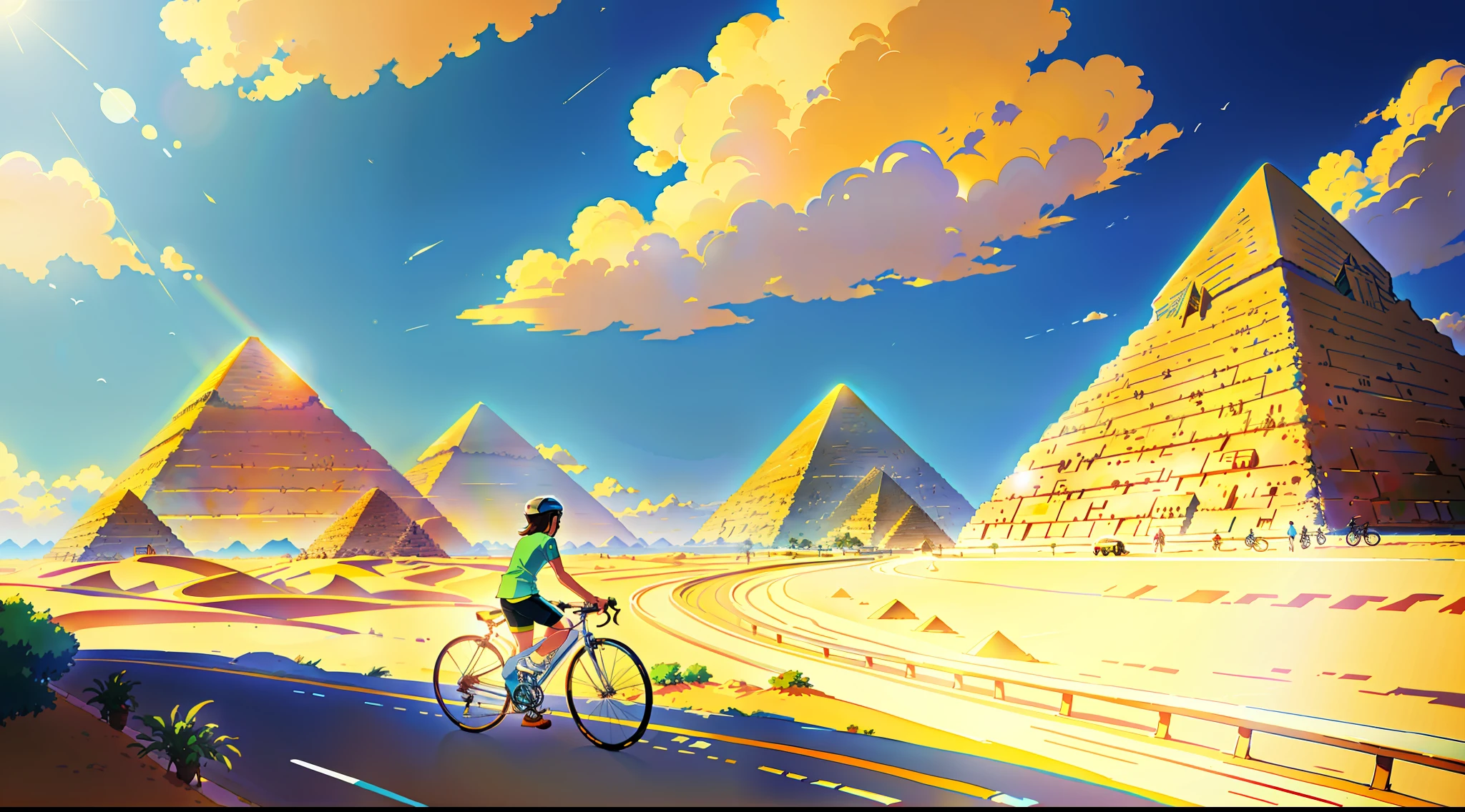 (bike: 1.5), (realistic bike: 1.5), (realistic cyclist: 1.5), back cyclist, egypt, pyramids, sun, landscape background, shadows, contrast, makoto shinkai (Best quality: 1.3), (Highres:1) Art by Studio Ghibli Style, Impressionism, Solitude