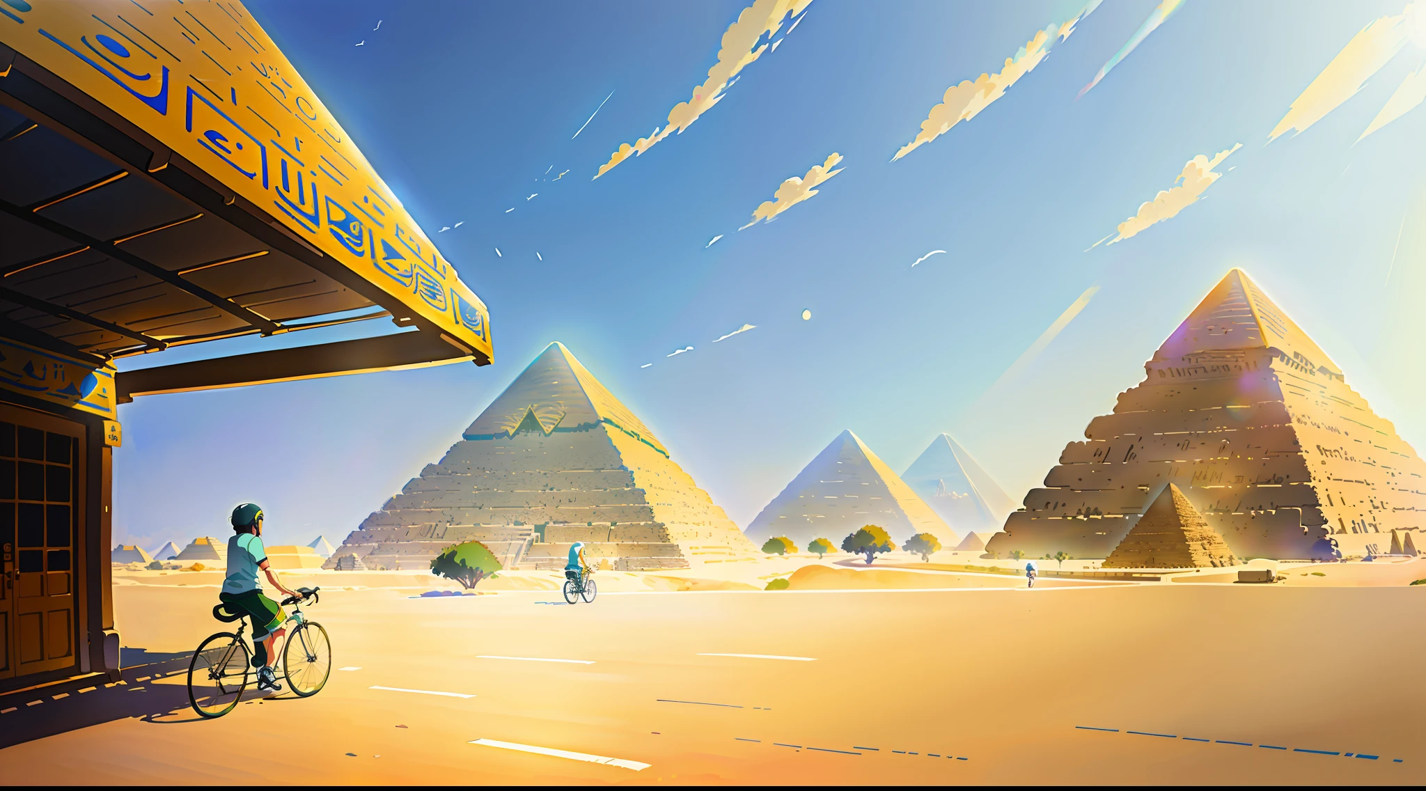 (bike: 1.5), (realistic bike: 1.5), (realistic cyclist: 1.5), back cyclist, egypt, pyramids, sun, landscape background, shadows, contrast, makoto shinkai (Best quality: 1.3), (Highres:1) Art by Studio Ghibli Style, Impressionism, Solitude