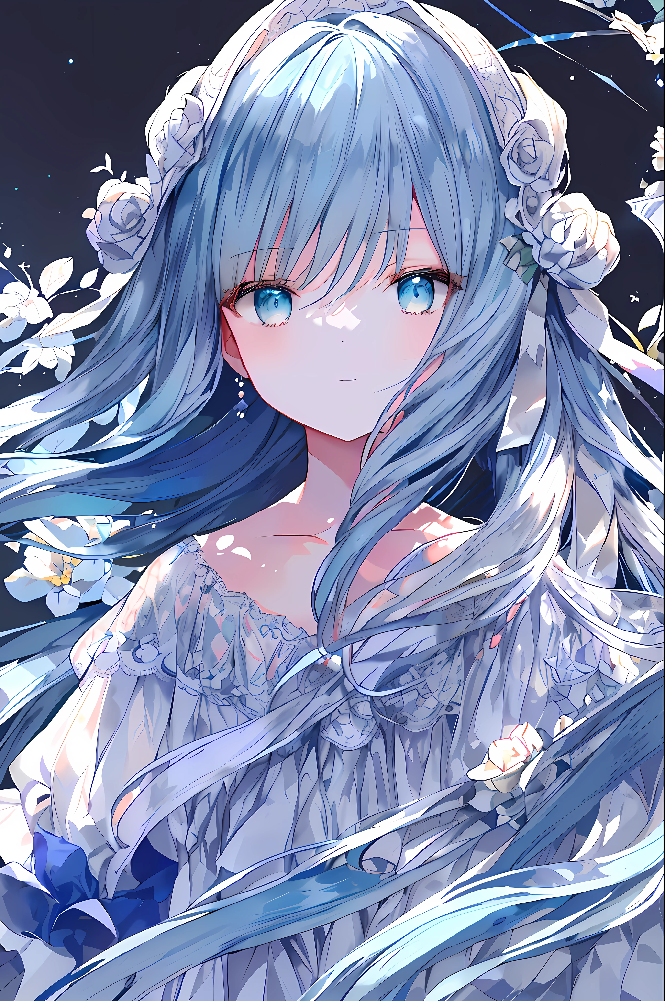 (Masterpiece, high-detailed, ultra resolution, clear, soft art) (looking at the side, looking at the left:1.3), 1girl, solo, standing, upper-body, face only, close-up, light aqua hair, aqua eyes, , (colored inner hair, dark blue hair:1.2), long hair, wavy hair, hime cut, straight hair, sidelocks, black shirt, high collar, open collar, collarbone, simple background, white background, boring background,