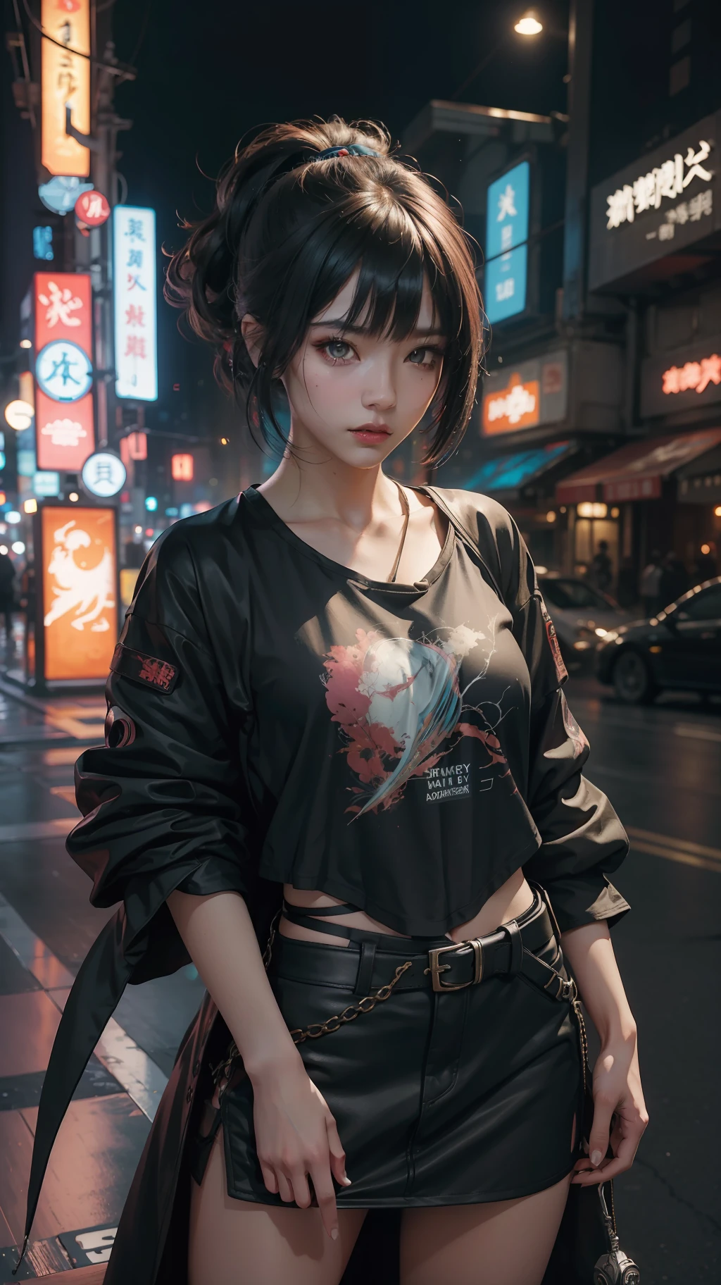 Beautiful hyperrealistic photograph of cute asian cyberpunk girl, wearing cyberpunk clothes, fringe cut bangs hairstyle, Kabuki makeup, cluttered Blade Runner background, dynamic pose, concept art, By Brian Froud and Carne Griffiths and Wadim Kashin and John William Waterhouse, intricate detail, 8k post-production, High resolution, super Detail, trending on ArtStation, sharp focus, studio photos, intricate detail, depth of field, f/2.8, cinematic illumination, dark shadows.