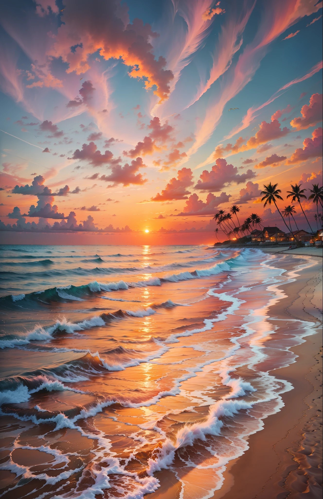 An absolutely mesmerizing sunset over the beach, with a blend of oranges, pinks, and yellows filling the sky. Crystal-clear waters of the sea gently kissing the shore, with sandy white beach stretching far and wide. The scene is dynamic and breathtaking, with seagulls soaring high in the sky and gently swaying palm trees. Take in the calming atmosphere and let the peacefulness wash over you.