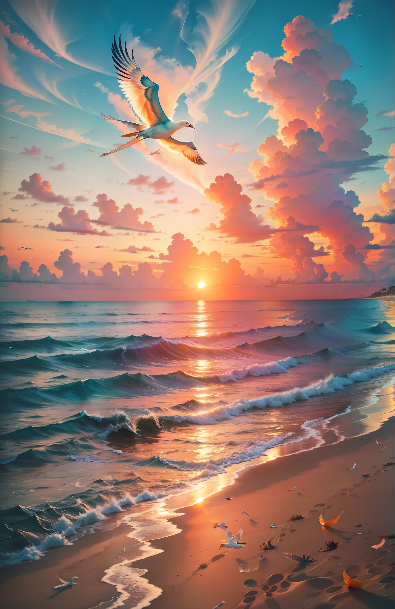 An absolutely mesmerizing sunset over the beach, with a blend of oranges, pinks, and yellows filling the sky. Crystal-clear waters of the sea gently kissing the shore, with sandy white beach stretching far and wide. The scene is dynamic and breathtaking, with seagulls soaring high in the sky and gently swaying palm trees. Take in the calming atmosphere and let the peacefulness wash over you.