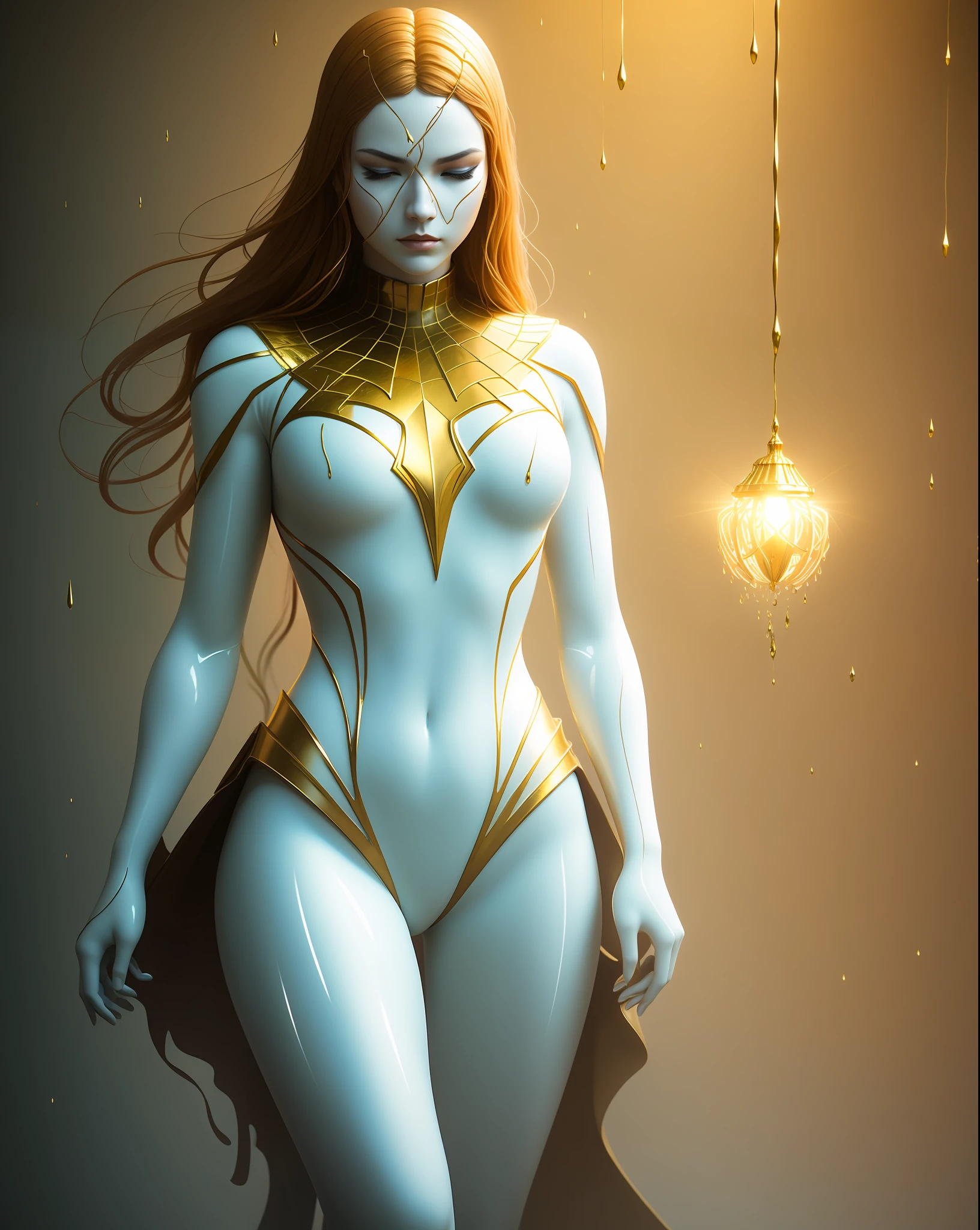 Gold and white, Spiderman, Dripping Filler, Heavy Rain, Amazing, Very Station Trends, Unreal Engine 4K, Stanley Artgerm Lau Movie Wallpaper, Wlop, Rosslautger, James Jean, Andrei Riaboritchev, Marc Simonetti, Yoshitaka Amano James Jean and Gustav Klimt background, julie bell&#39;s lighting, 4k, porcelain, zdislaw beksinski style, detail, 8k, dynamic lighting, white chromatic aberration, wet