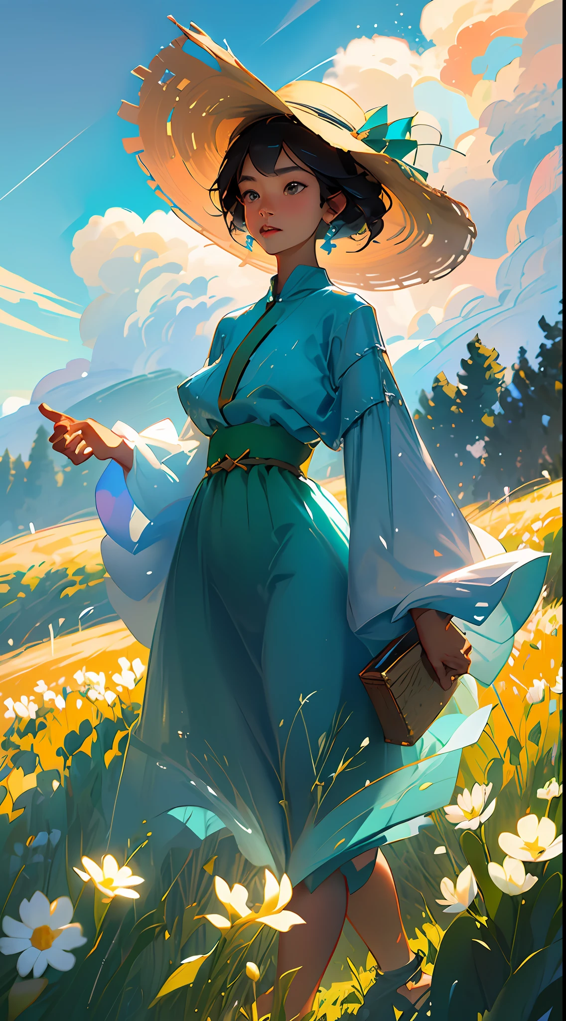 A peasant uncle with a straw hat stands in a wheat field, big clouds, blue sky, rice field, neat rice seedlings in the field, forest, hillside, secluded, countryside, HD detail, hyperdetail, cinematic, surrealism, soft light, deep field focus bokeh, ray tracing and surrealism. --v6