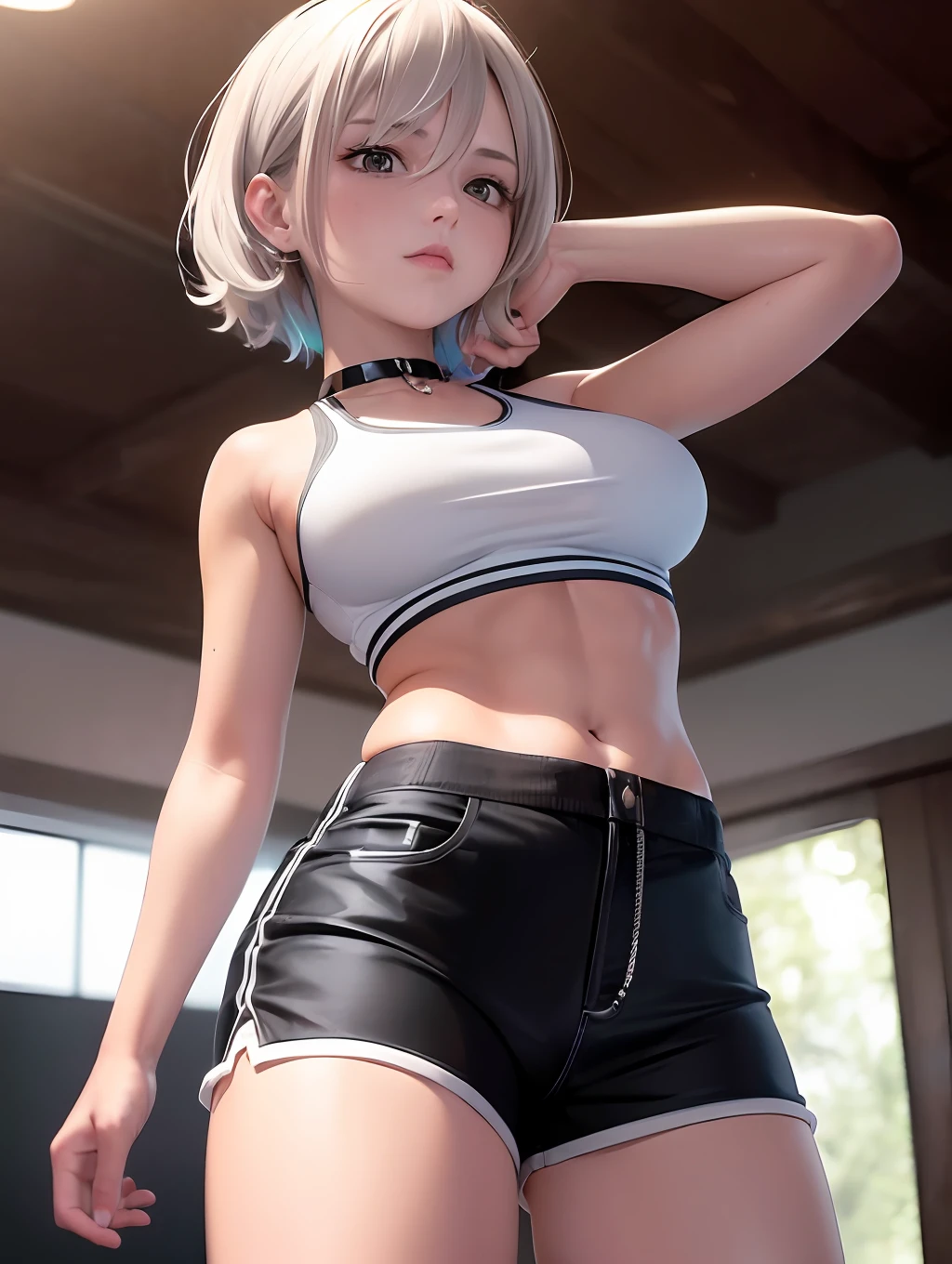 ((big breasts, tomboy, small head)), (abs: 1.1), (perfect body: 1.1), (short wavy hair: 1.2), white hair, collar, chain, whole body, workout, sweat, femboy, futa ((shorts)), (extremely detailed CG 8k wallpaper), (extremely delicate and beautiful), (masterpiece), (best quality: 1.0), (ultra high resolution: 1.0), beautiful lighting, perfect lighting, realistic shadows, [high resolution], detailed skin, super detailed (((colorful)))