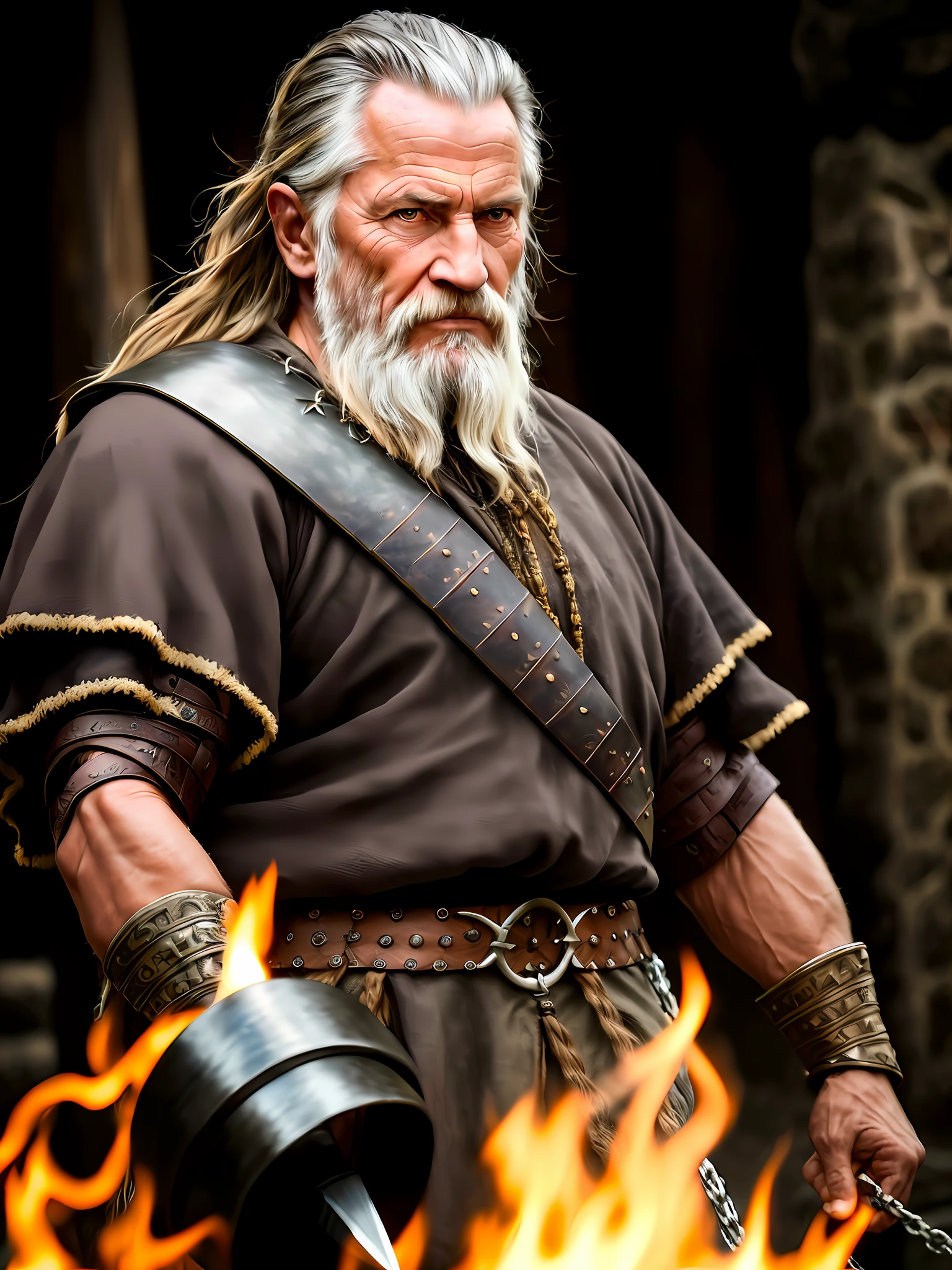 (Highest quality:1.3), cinematic photo, masterpiece, (sharp focus:1.5), (photorealistic:1.3), medium portrait of (a tired-looking old Viking warrior, but still proud and fierce, now the leader of his village, dressed in elaborately detailed chains and leather armor, some torches burn on the walls, giving the scene a dark atmosphere, but carving the forms in sharp chiaroscuro), is nocturnal, (highly detailed skin), (detailed face), detailed background, dark lighting, twilight lighting, volumetric lighting, intricate details, UHD,