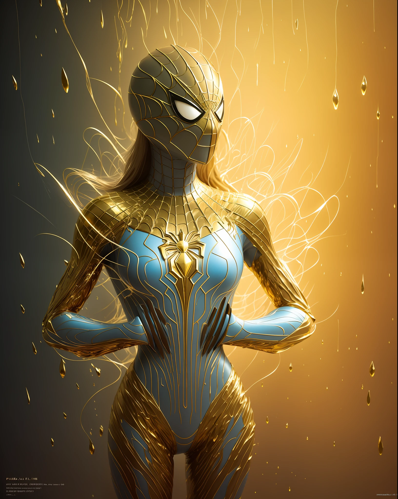 Gold and white, Spiderman, Dripping Filler, Heavy Rain, Amazing, Very Station Trends, Unreal Engine 4K, Stanley Artgerm Lau Movie Wallpaper, Wlop, Rosslautger, James Jean, Andrei Riaboritchev, Marc Simonetti, Yoshitaka Amano James Jean and Gustav Klimt background, julie bell&#39;s lighting, 4k, porcelain, zdislaw beksinski style, detail, 8k, dynamic lighting, white chromatic aberration, wet