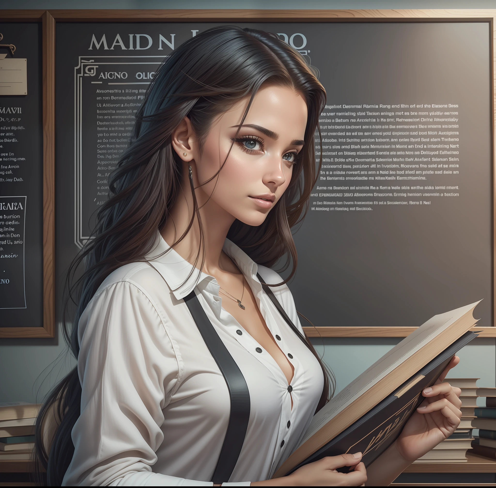 arafed woman in front of a blackboard with a book, ad image, looks like fabiula nascimento, ads, edu souza, malika favre, 🇺🇦, academia, interesting composition, captura, by Nándor Katona, viktoria gavrilenko, clickbait, photo from a spectator, fernanda suarez --auto --s2