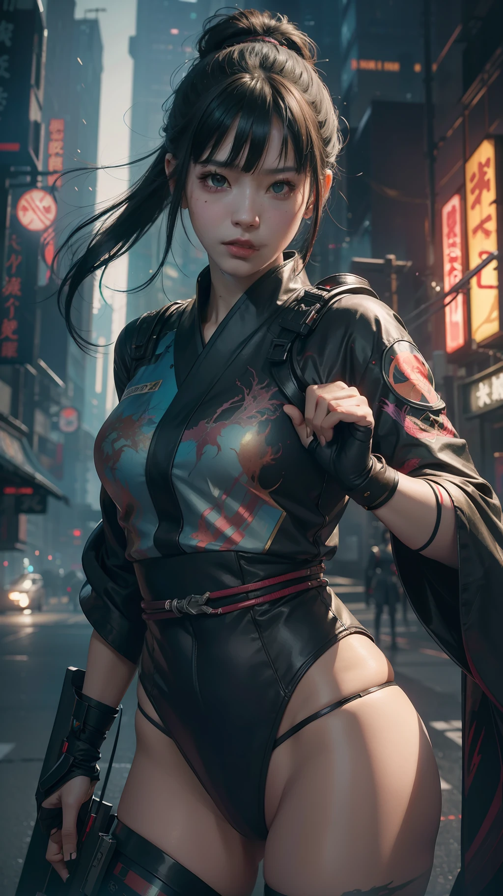 Beautiful hyperrealistic photograph of cute asian cyberpunk girl, (wearing cyberpunk kimono), fringe cut bangs hairstyle, cluttered Blade Runner background, dynamic pose, concept art, By Brian Froud and Carne Griffiths and Wadim Kashin and John William Waterhouse, intricate detail, 8k post-production, High resolution, super Detail, trending on ArtStation, sharp focus, studio photos, intricate detail, depth of field, f/2.8, cinematic illumination, dark shadows.