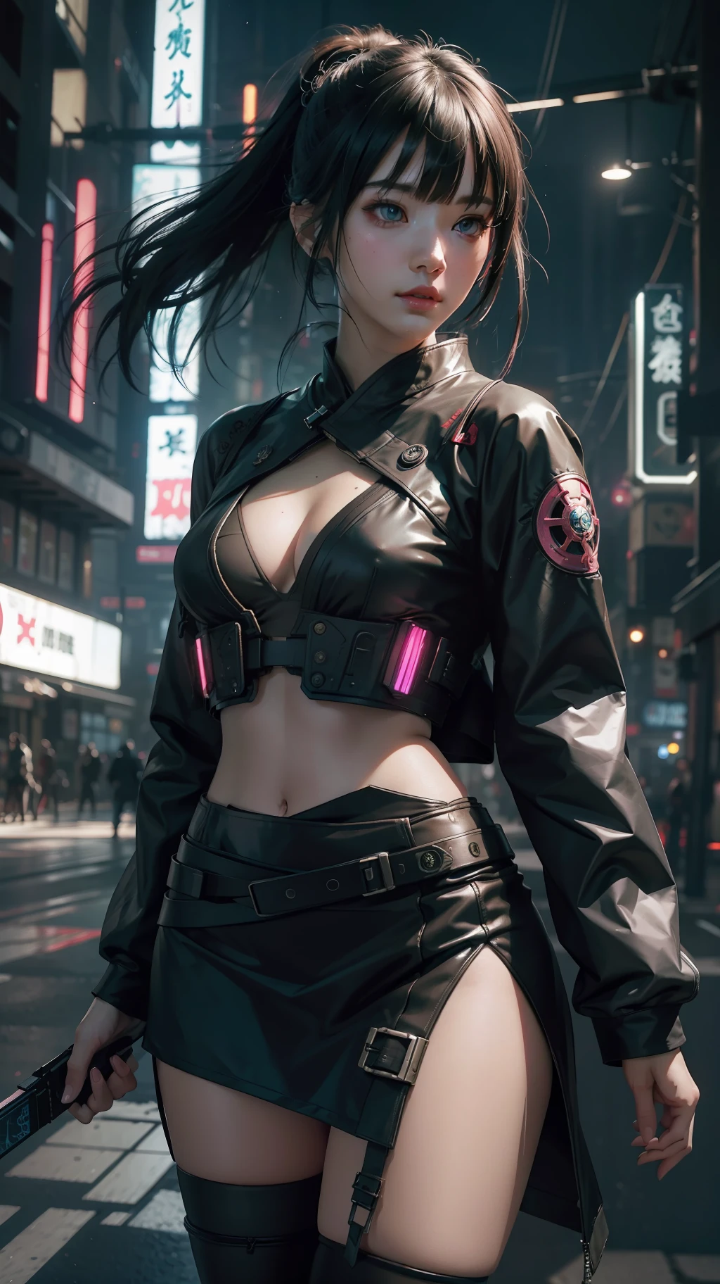 Beautiful hyperrealistic photograph of cute asian cyberpunk girl, (wearing cyberpunk kimono), fringe cut bangs hairstyle, cluttered Blade Runner background, dynamic pose, concept art, By Brian Froud and Carne Griffiths and Wadim Kashin and John William Waterhouse, intricate detail, 8k post-production, High resolution, super Detail, trending on ArtStation, sharp focus, studio photos, intricate detail, depth of field, f/2.8, cinematic illumination, dark shadows.