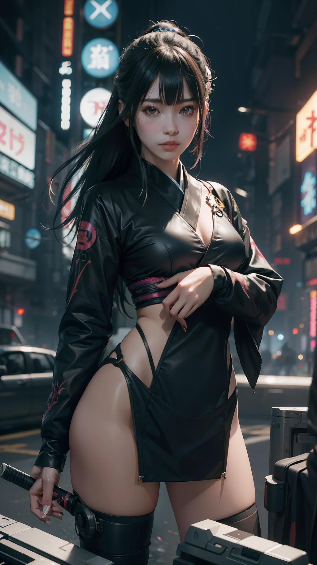 Beautiful hyperrealistic photograph of cute asian cyberpunk girl, (wearing cyberpunk kimono), fringe cut bangs hairstyle, cluttered Blade Runner background, dynamic pose, concept art, By Brian Froud and Carne Griffiths and Wadim Kashin and John William Waterhouse, intricate detail, 8k post-production, High resolution, super Detail, trending on ArtStation, sharp focus, studio photos, intricate detail, depth of field, f/2.8, cinematic illumination, dark shadows.