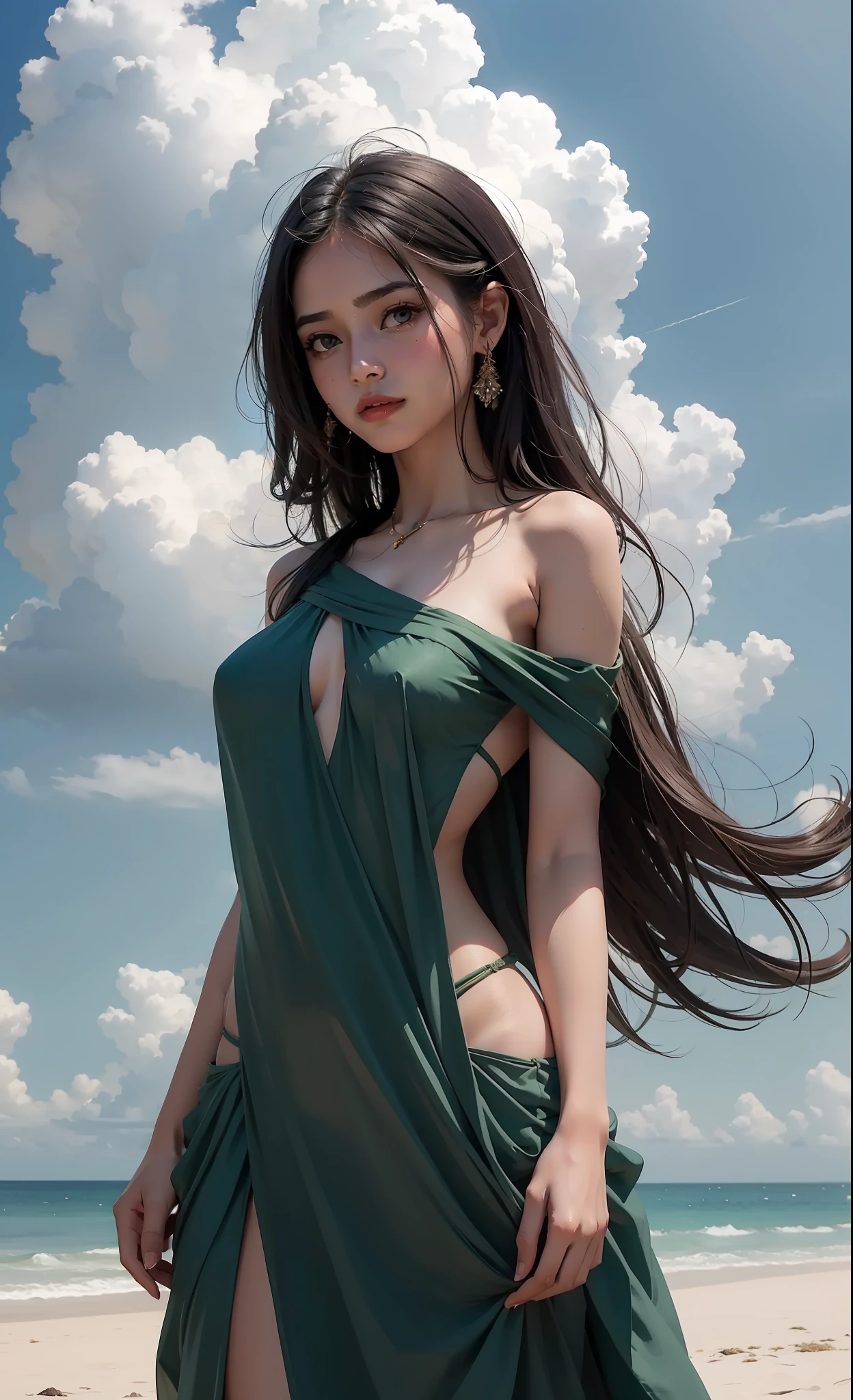On sky, concept art, small chest, hips, look at viewer, flying , SEDUCTIVE, shy blush face, sexual expression, 1 Indian girl, wearing long sexy green dress, bare shoulder, chest exposed, unconcerned, NSFW, quality, in the clouds, contrast, dark, little chubby,