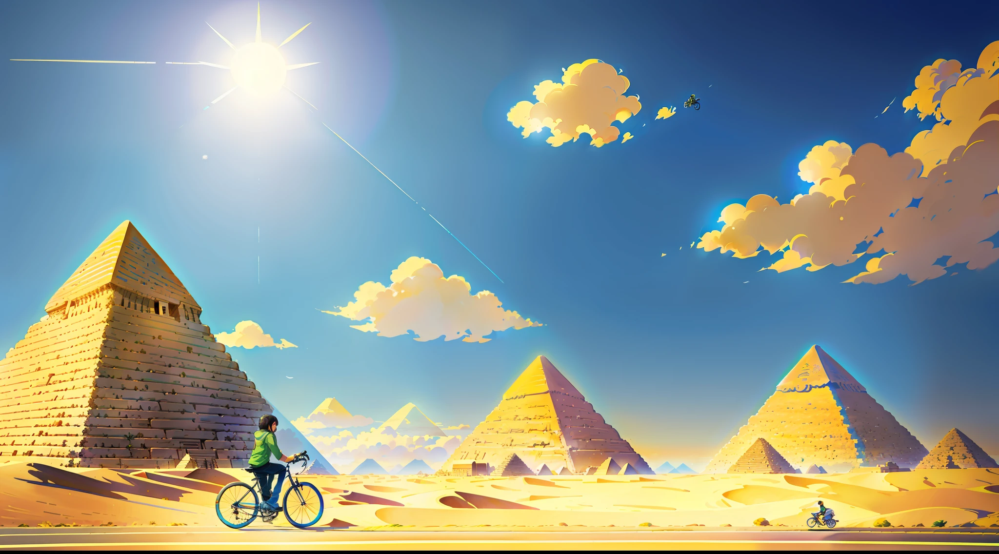 (bike: 1.5), (realistic bike: 1.5), (realistic cyclist: 1.5), back cyclist, egypt, pyramids, sun, landscape background, shadows, contrast, makoto shinkai (Best quality: 1.3), (Highres:1) Art by Studio Ghibli Style, Impressionism, Solitude