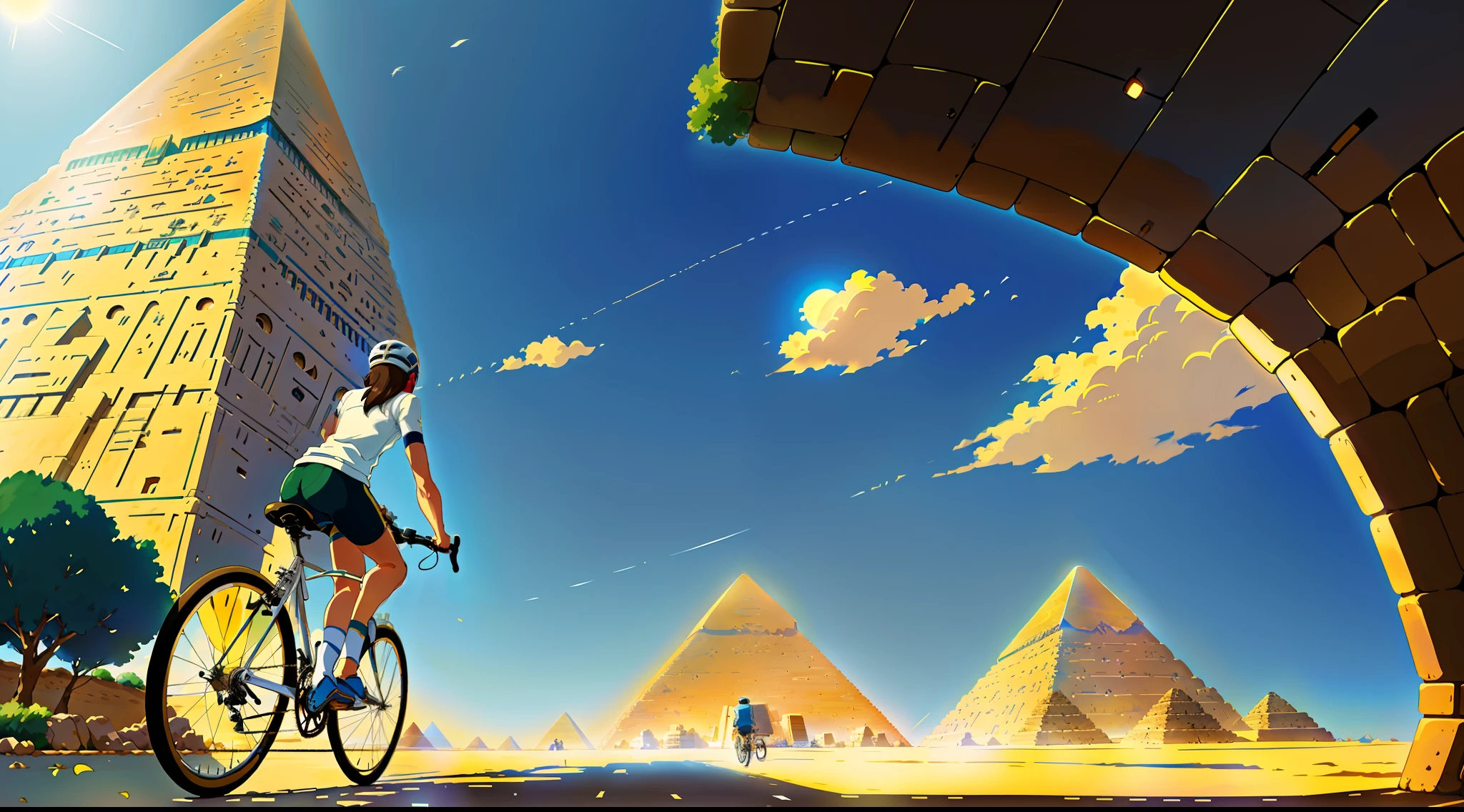 (bike: 1.5), (realistic bike: 1.5), (realistic cyclist: 1.5), back cyclist, egypt, pyramids, sun, landscape background, shadows, contrast, makoto shinkai (Best quality: 1.3), (Highres:1) Art by Studio Ghibli Style, Impressionism, Solitude