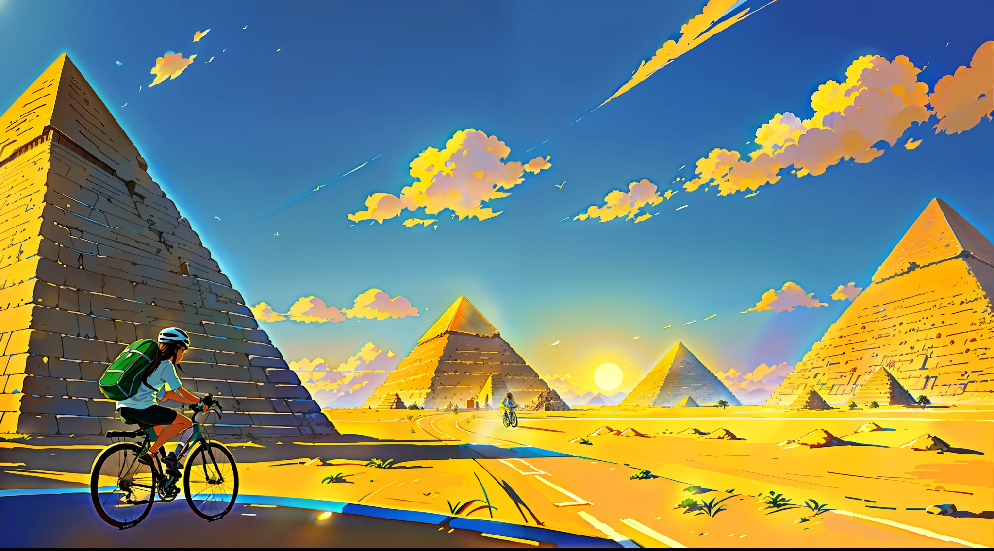 (bike: 1.5), (realistic bike: 1.5), (realistic cyclist: 1.5), back cyclist, egypt, pyramids, sun, landscape background, shadows, contrast, makoto shinkai (Best quality: 1.3), (Highres:1) Art by Studio Ghibli Style, Impressionism, Solitude