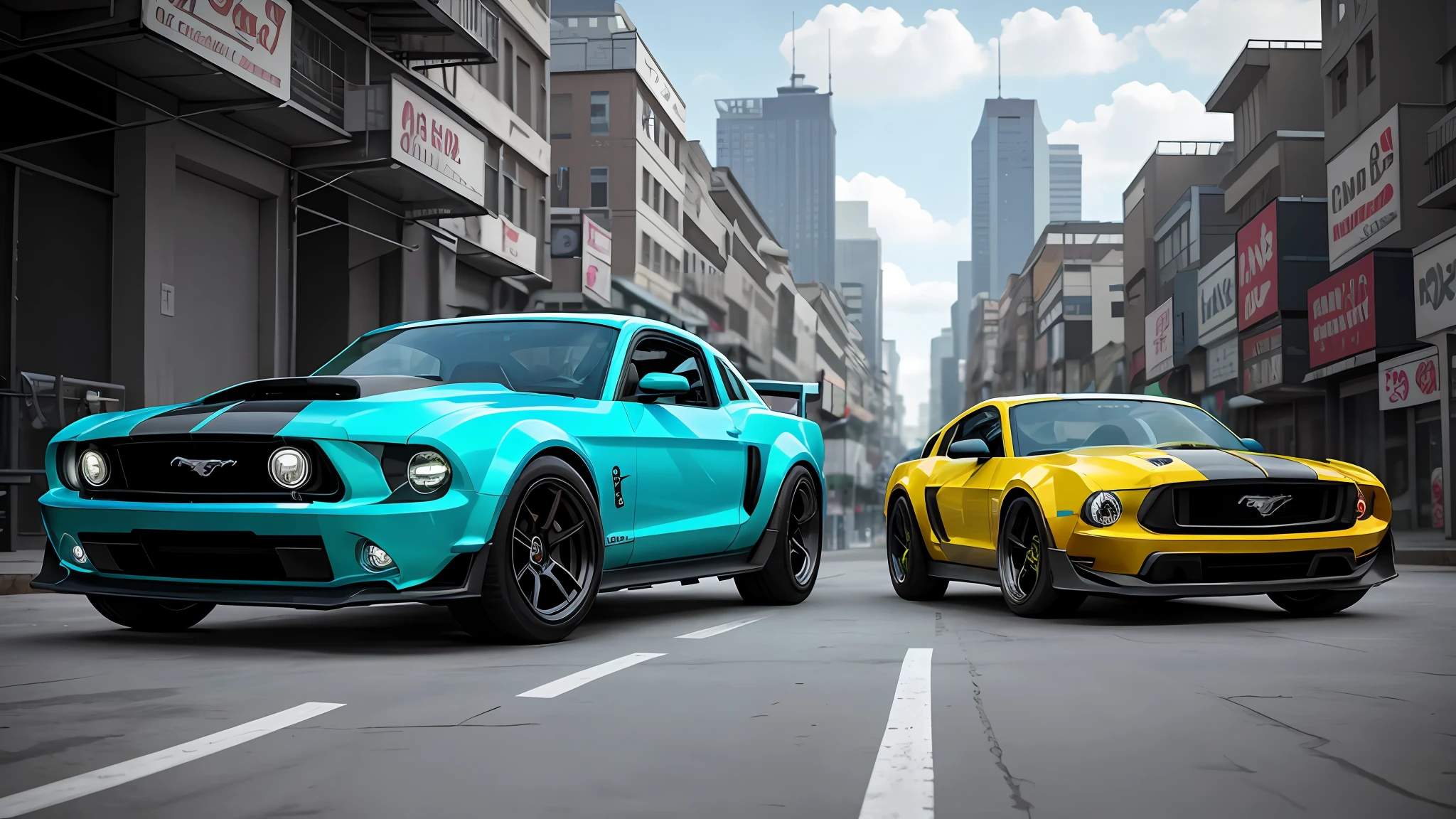 Professional photo of a futuristic mustang car with multiple modifications, large wheels, yellow paint, parked, cybernetic hood, cyber car parts, (exotic headlights), mad-max, v8 engine, blower, pop-up headlights, futuristic, car mods, spoiler, science fiction, science fiction scenario, night, natural light, cyberpunk, futuristic city, cyberpunk city, neon signs, (highly detailed), (highly detailed background), various buildings in the background, detailed textures, wide-angle, 8k, HDR, professional photoshoot, high quality photo, realistic photo, realistic shadows, detailed shadows, realistic proportions, photographed with a Sony a9 II Mirrorless camera, film grain, raw photo, physics-based rendering, vibrant colors, award-winning image, (color particles).