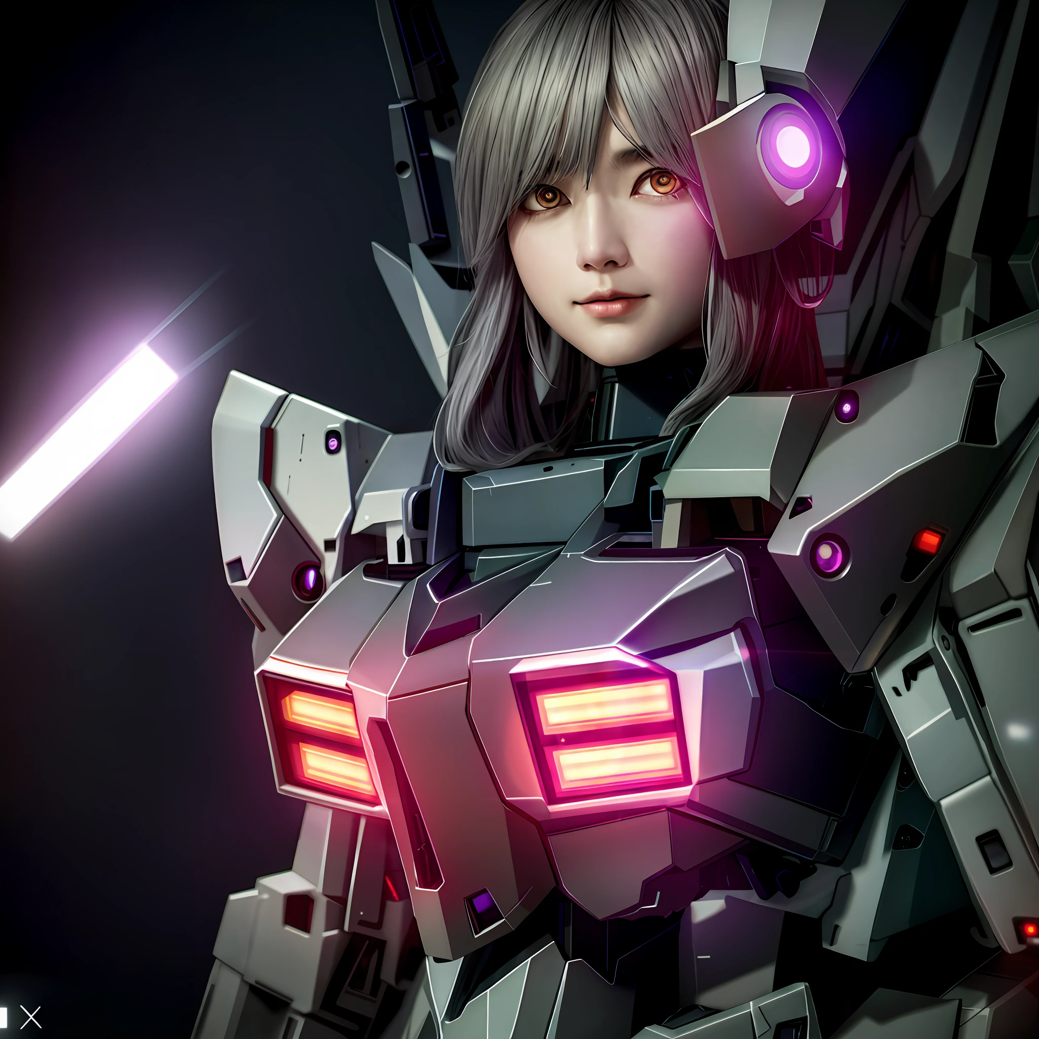 Masterpiece, (Photorealistic: 1.4), Top Quality, Beautiful Lighting, (ulzzang-6500:0.5), (Gray Hair) + (Long Hair) + (Bangs), Purple Eyes, Glowing Eyes, (Gundam Robot Suit), (), Cleavage Exposed Big, GUNDAM RX78, Dense Machine Parts, Tube Lines, Fine LED Lamps, Detailed Neon, RAW Photos, 8k UHD, Film Grain