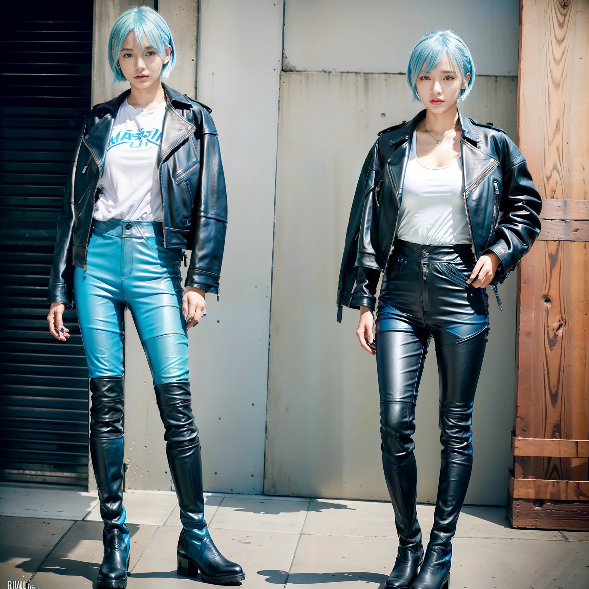 (((Masterpiece)))), ((highest quality)))), (Real)))), (8K))))), (Japan female), 18 years old, (boyish)), (Tall))), (Super big breasts))))), looking at the camera, (Full body)), (All light blue)))), (Light blue hair)))), (Short cut), (Riders jacket)))), ((( Leather pants)), ((leather boots))