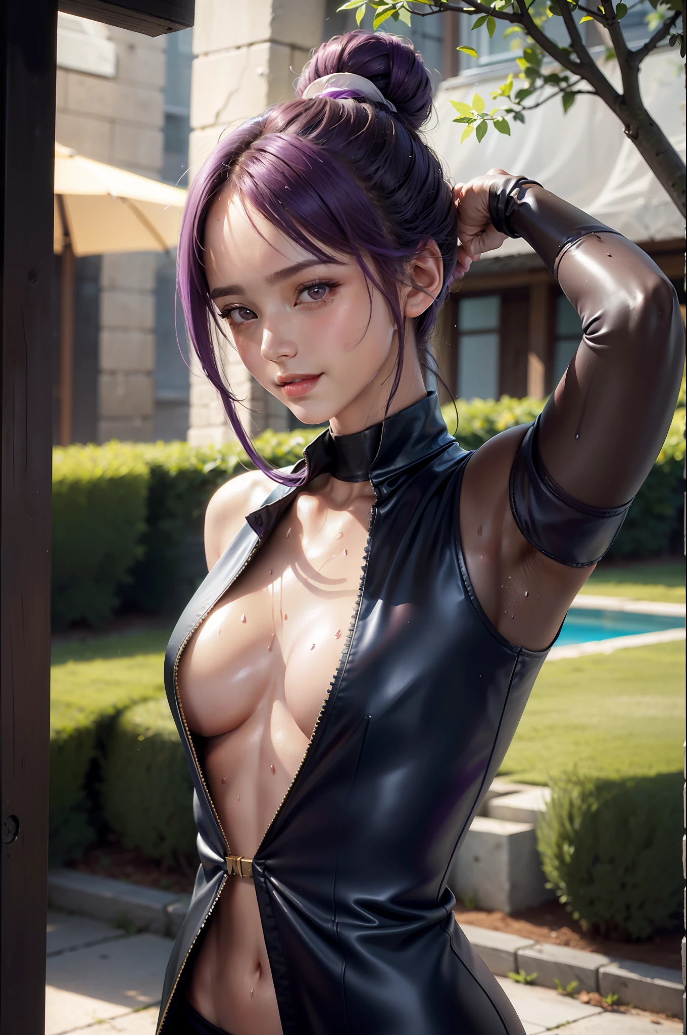 (Best Quality: 1.1), (Masterpiece: 1.2), Portrait,
1 Girl, yuzuriha_, Purple hair, Brown eyes, Ninja, Open clothing, Cleavage, Small tits, Top knots, Mid hair, Detached breasts, White band, Grinning, Outdoors, (blush:1.1), Flowers,
Pure_Innocent_girl, pureerosface_v1, ((torso))), subjective, (((depth of field)))), pale and shiny skin, sweaty, wet skin