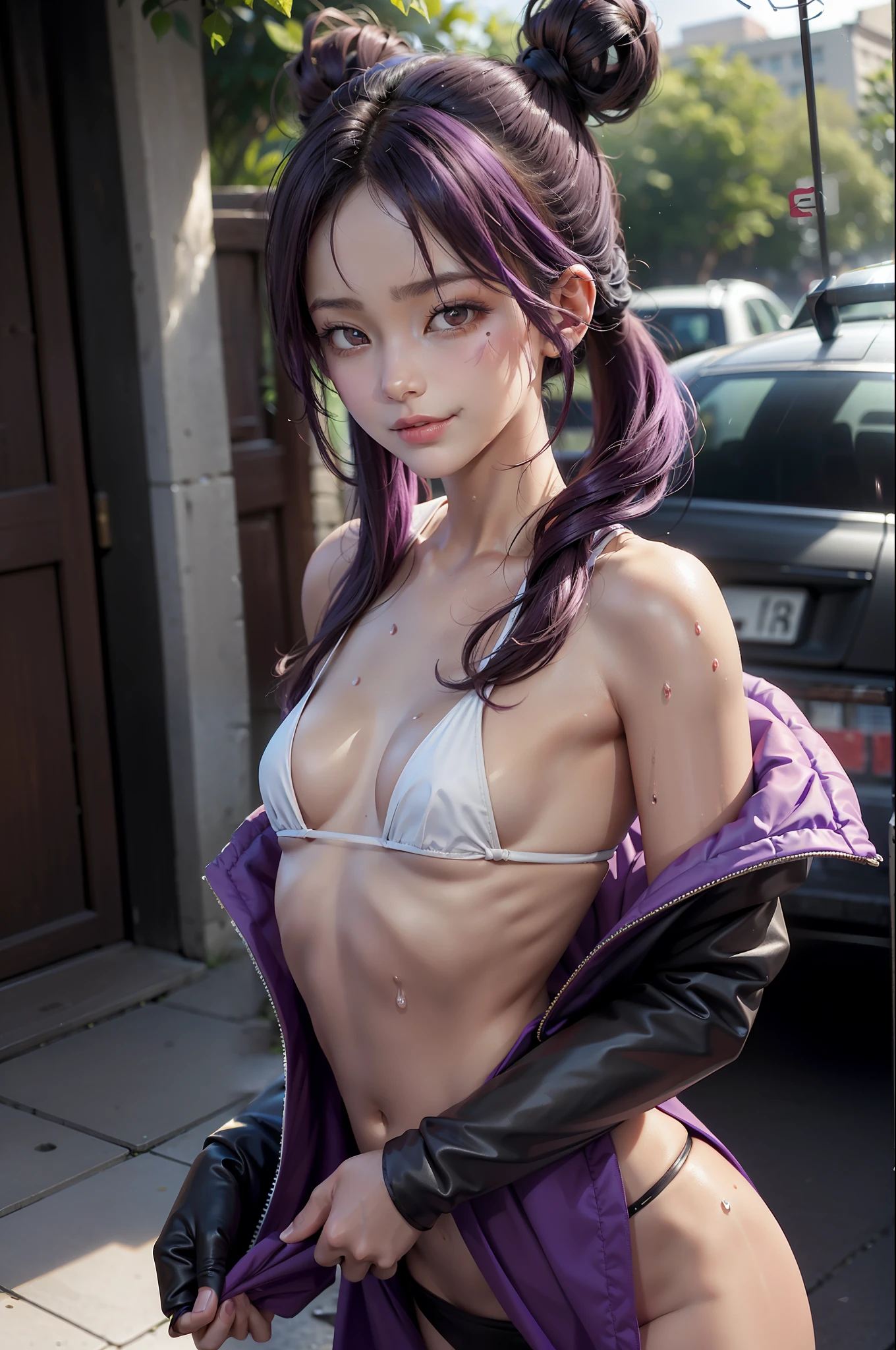 (Best Quality: 1.1), (Masterpiece: 1.2), Portrait,
1 Girl, yuzuriha_, Purple hair, Brown eyes, Ninja, Open clothing, Cleavage, Small tits, Top knots, Mid hair, Detached breasts, White band, Grinning, Outdoors, (blush:1.1), Flowers,
Pure_Innocent_girl, pureerosface_v1, ((torso))), subjective, (((depth of field)))), pale and shiny skin, sweaty, wet skin