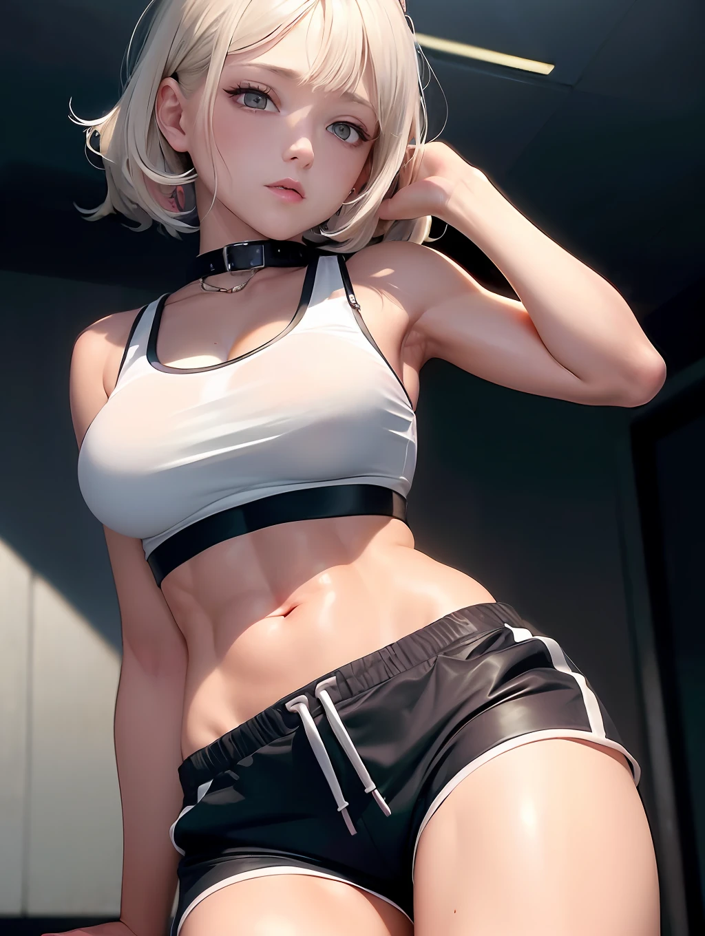 ((big breasts, tomboy, small head)), (abs: 1.1), (perfect body: 1.1), (short wavy hair: 1.2), white hair, collar, chain, whole body, workout, sweat, femboy, futa ((shorts)), (extremely detailed CG 8k wallpaper), (extremely delicate and beautiful), (masterpiece), (best quality: 1.0), (ultra high resolution: 1.0), beautiful lighting, perfect lighting, realistic shadows, [high resolution], detailed skin, super detailed (((colorful)))