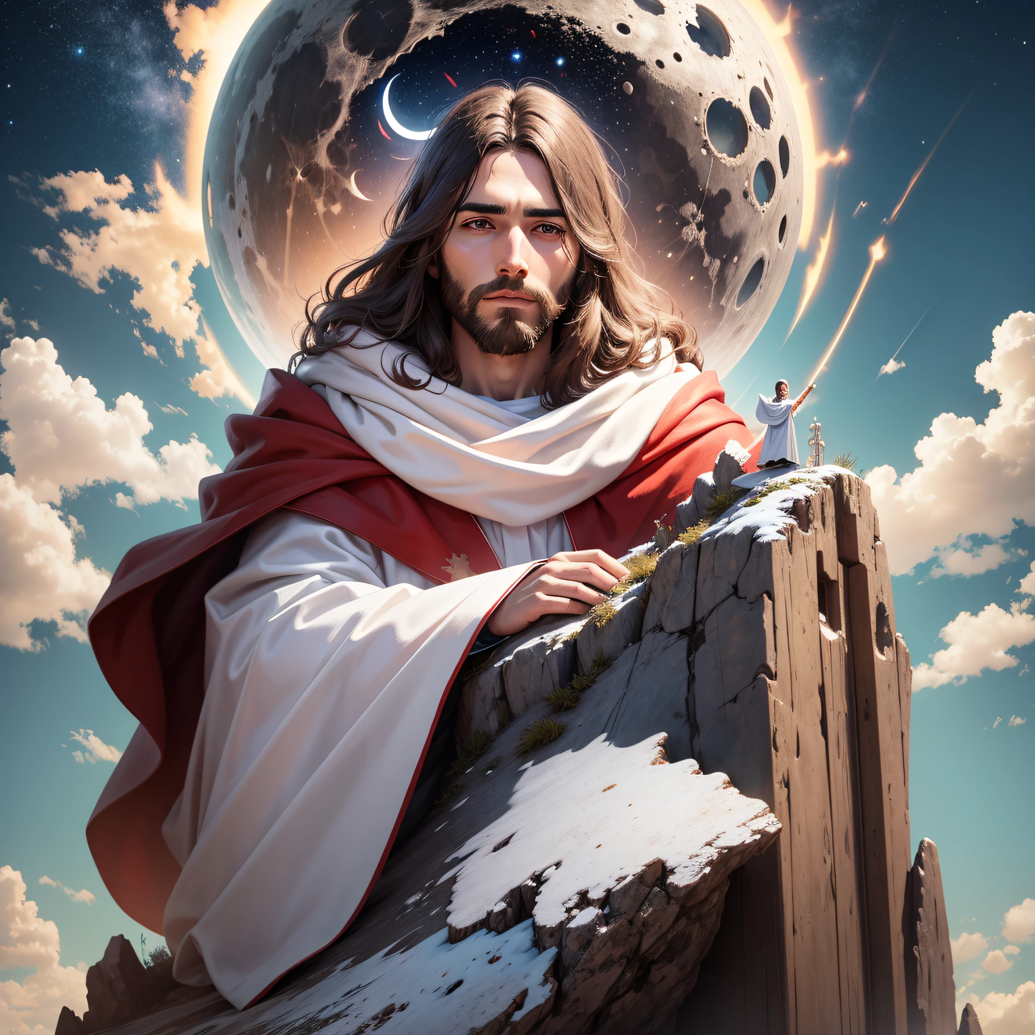 Arafed image of a man with a sword and a cape on a rock - SeaArt AI