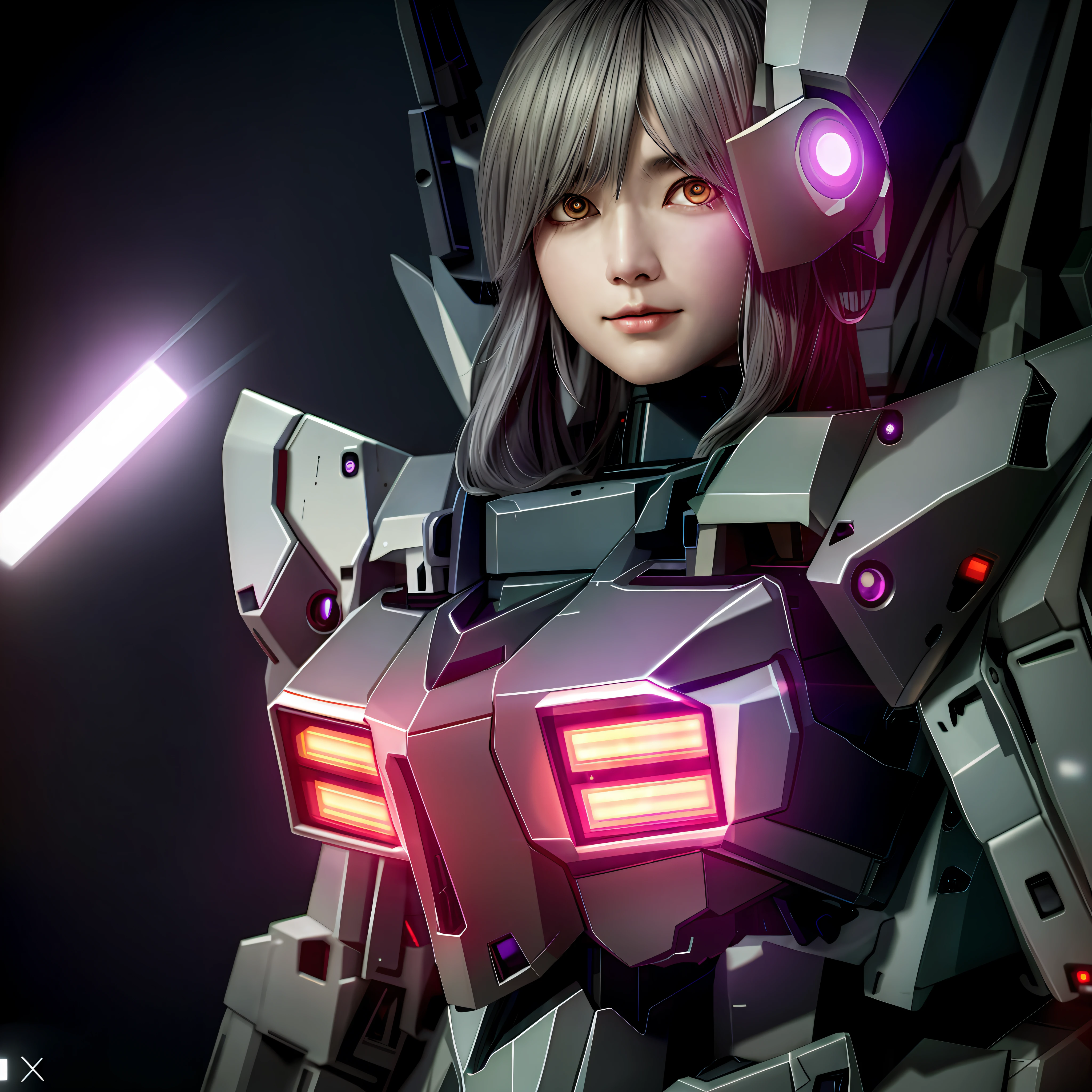 Masterpiece, (Photorealistic: 1.4), Top Quality, Beautiful Lighting, (ulzzang-6500:0.5), (Gray Hair) + (Long Hair) + (Bangs), Purple Eyes, Glowing Eyes, (Gundam Robot Suit), (), Cleavage Exposed Big, GUNDAM RX78, Dense Machine Parts, Tube Lines, Fine LED Lamps, Detailed Neon, RAW Photos, 8k UHD, Film Grain