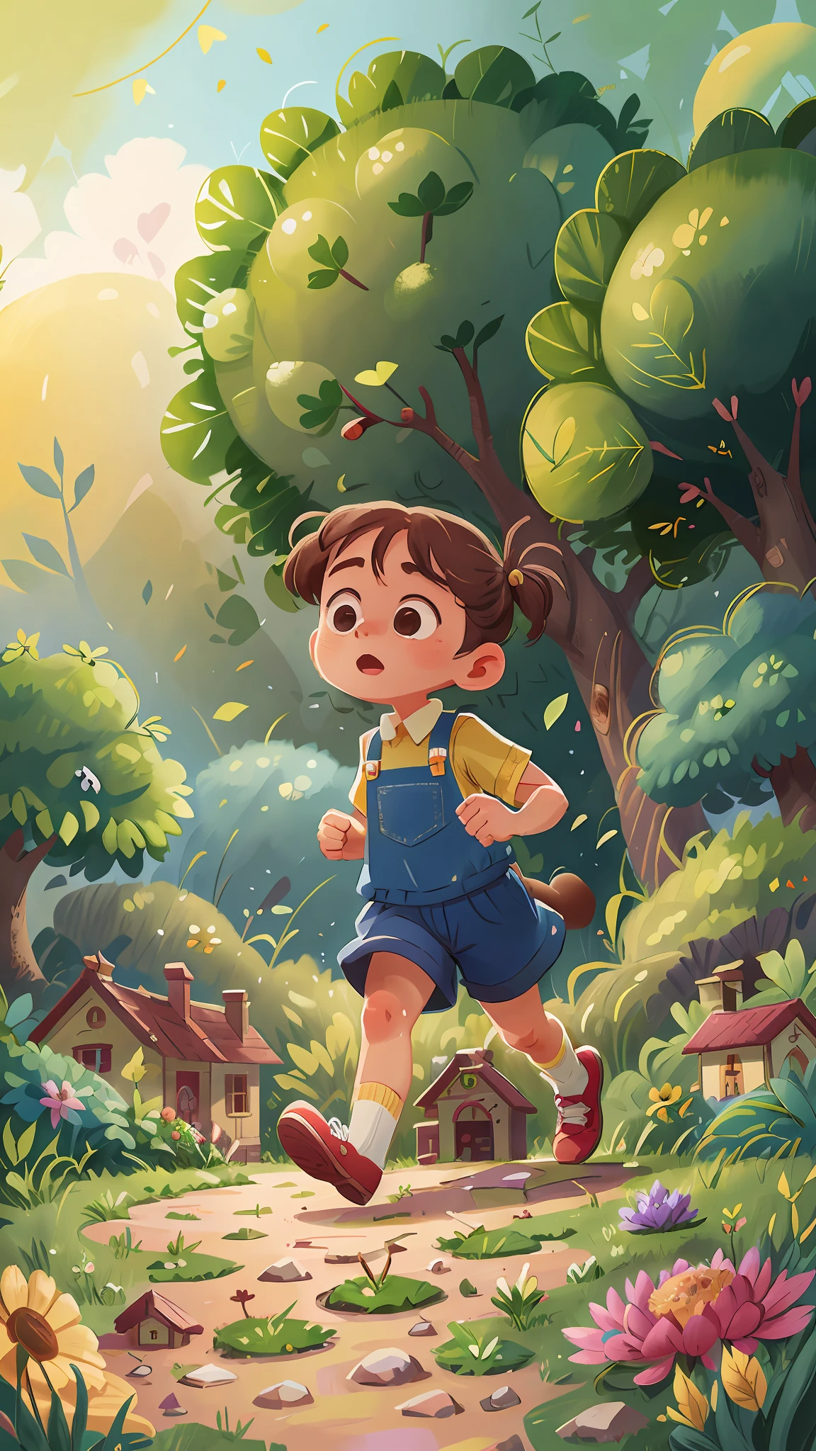 A 6--old l is running in a garden, she is wearing gardener's clothes, is scared, scared, side view of the scene, perfect quality, clear focus (mess - house: 0.8), (masterpiece: 1.2) (Realistic: 1.2) (Bokeh) (Best quality) (Detailed Skin: 1.3) (Intricate Details) (8K) (Eye Detail) (Sharp Focus), (Unhappy)