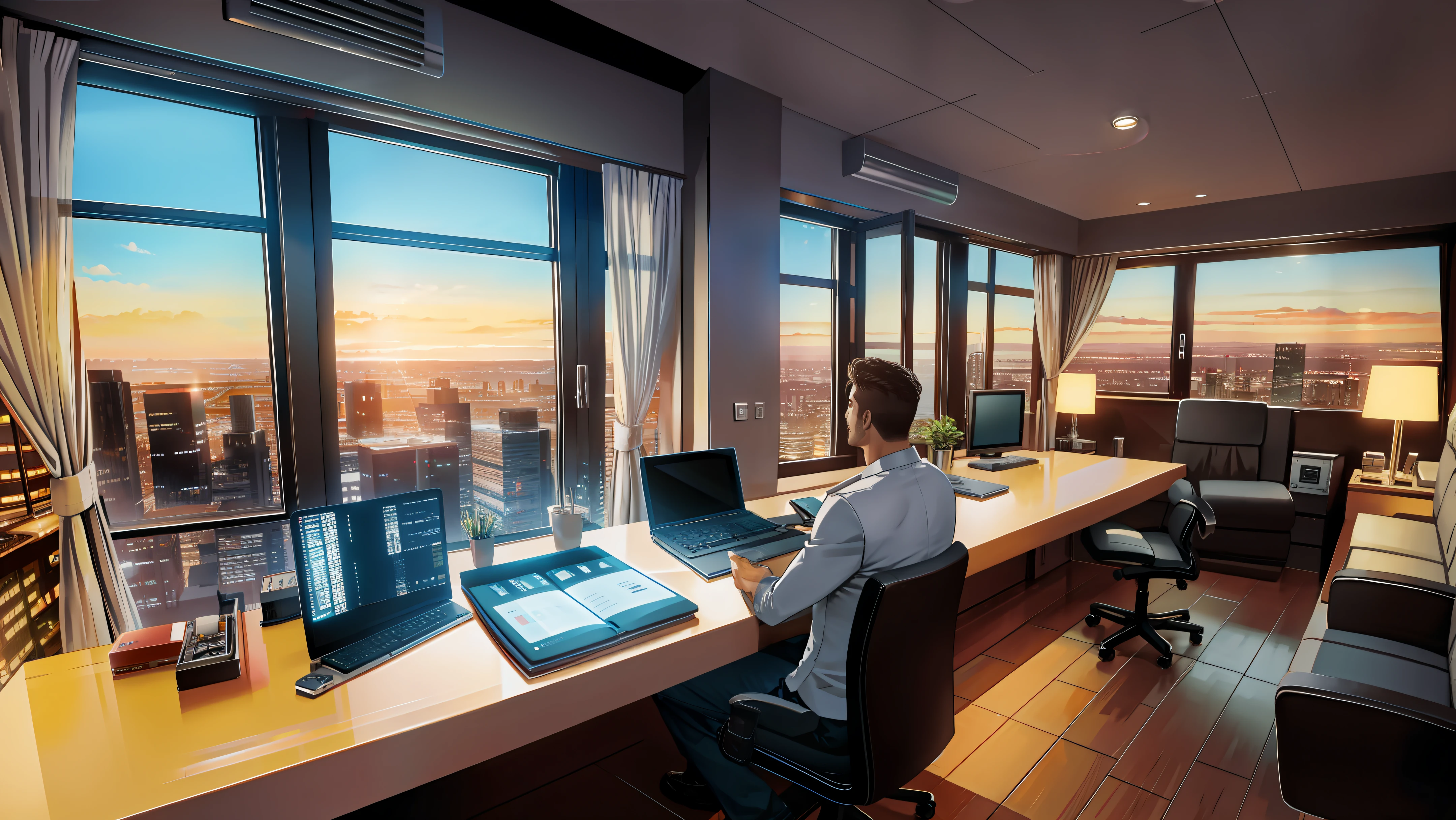 Sitting facing a very large window overlooking the technological city in a luxurious room and setting up the ultra realistic notebook with lots of 8k detail