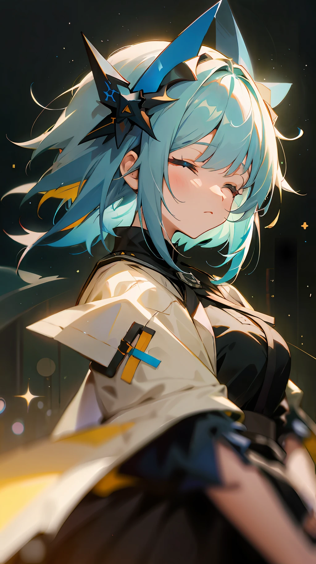 (arknights:0.5), colored inner hair, bangs, half-closed eyes, symbol-shaped pupils, depth of field, cowboy shot, bokeh, masterpiece, best quality