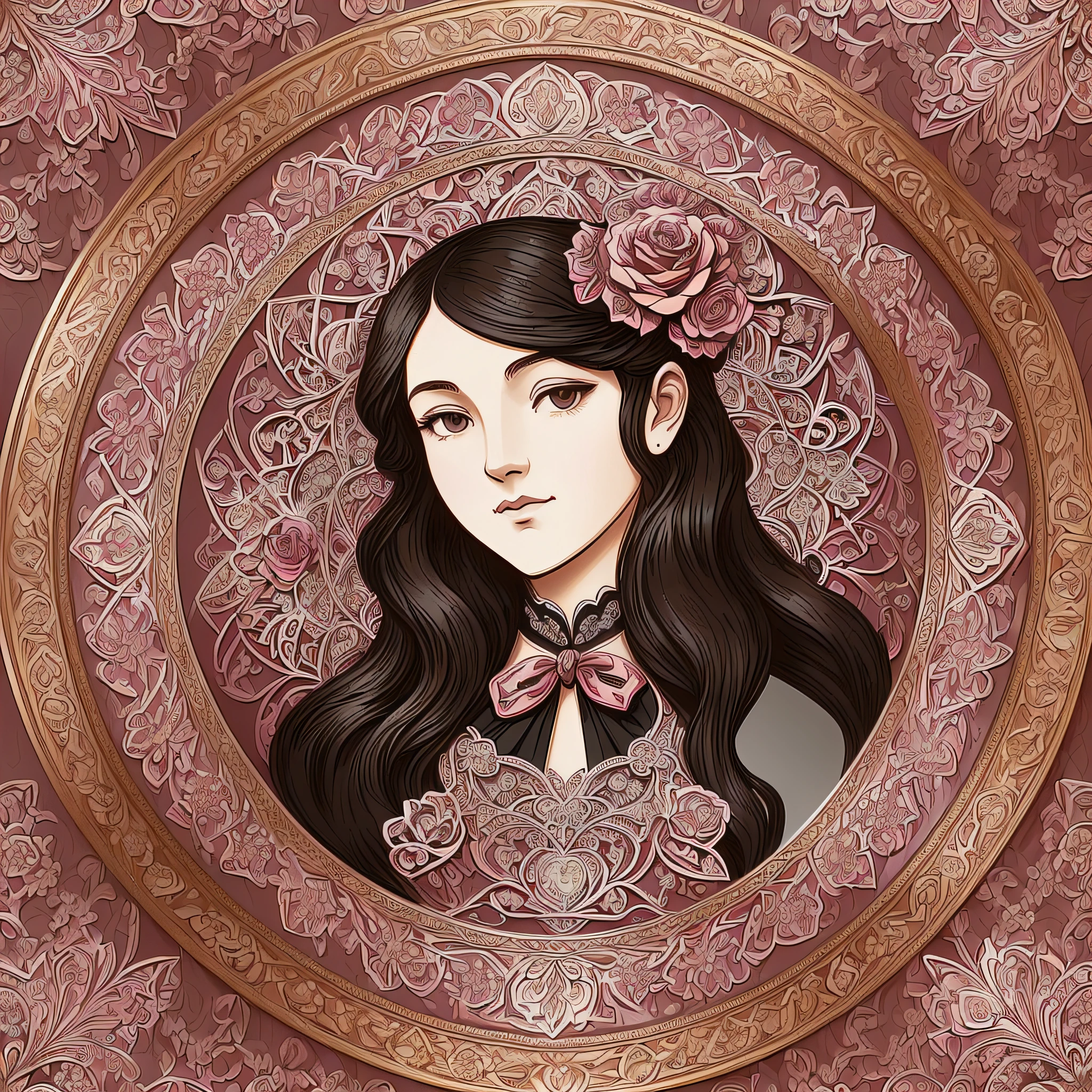 A vector drawing of a cameo in brown of a round frame with roses, ornate frame, black pink frame. D&D, Filigree Frame, (( (Dithered)), Mirror Texture, Fractal Frame, Mirror Background, An Intricate Art Nouveau Frame, Antique Gothic Theme, Ornate, Symmetrical Portrait RPG Avatar, Ornate Edge Frame, Intricate Art Nouveau Frame, Art Nouveau Frame --auto --s2