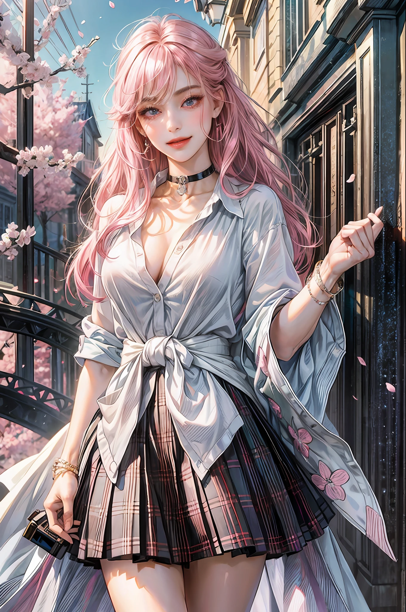 masterpiece, best quality, full body, 1girl, bangs, black choker, black tie, pink hair, blue skirt, blush, bracelet, large breasts, choker, clothes around the waist, collarbone, collar shirt, cowboy shot, dress shirt, ear piercing, eyebrows visible through hair, gradient hair, smile, gyaru, jewelry, kogal, long hair, looking at the viewer, loose tie, tie, piercing, plaid skirt, pleated skirt, red eyes, ring, school uniform, shirt, skirt, smile, solo, white shirt, street, sky, cherry blossoms, petals, illustration, (magazine: 1.3), (cover style: 1.3), elegant, woman, vibrant, clothing, posing, frontal, colorful, dynamic, background, elements, confident, expression, holding, statement, accessory, majestic, rolled, around, touch, scene, text, cover, bold, eye-catching, title, stylish, font, catchy, headline, bigger, impressive, modern, fashionable, focus, fashion, --auto --s2