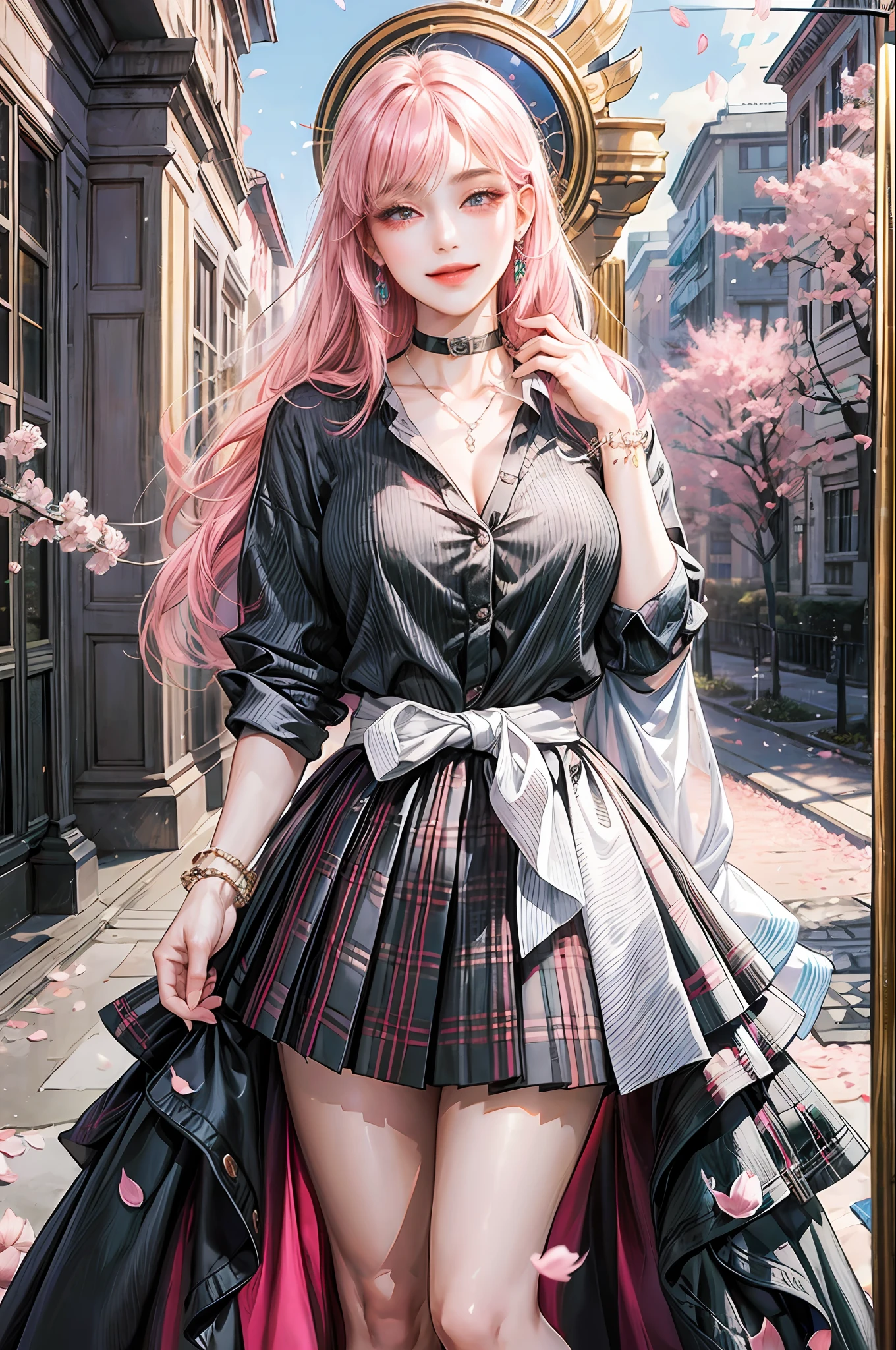 masterpiece, best quality, full body, 1girl, bangs, black choker, black tie, pink hair, blue skirt, blush, bracelet, large breasts, choker, clothes around the waist, collarbone, collar shirt, cowboy shot, dress shirt, ear piercing, eyebrows visible through hair, gradient hair, smile, gyaru, jewelry, kogal, long hair, looking at the viewer, loose tie, tie, piercing, plaid skirt, pleated skirt, red eyes, ring, school uniform, shirt, skirt, smile, solo, white shirt, street, sky, cherry blossoms, petals, illustration, (magazine: 1.3), (cover style: 1.3), elegant, woman, vibrant, clothing, posing, frontal, colorful, dynamic, background, elements, confident, expression, holding, statement, accessory, majestic, rolled, around, touch, scene, text, cover, bold, eye-catching, title, stylish, font, catchy, headline, bigger, impressive, modern, fashionable, focus, fashion, --auto --s2