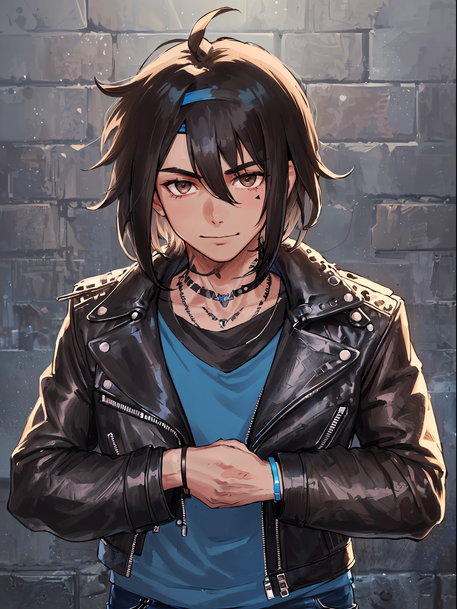 ((highest quality, masterpiece, 4k, finely detailed, detailed eyes, detailed face, gelbooru, pixiv)), cold lighting, ((solo)), 1 male, handsome, (male), adult male, broad shoulders, white Brazilian, closeup of face, portrait, light blush on the cheeks, smiling, looking at the viewer, ((lazy eyes, semi-eyelids, brown eyes)), emo, (((leather jacket)), ((blue shirt)), ((jeans)), bracelets and bracelets, ((bandana, rock bandana)), ((tight black necklace)), ((tattoos all over the arm)), ((full body)), ((black hair, black hair, totally dark hair, medium length hair, bangs thrown to the side covering the eyes, shaggy hairstyle, messy hair, straight hair)), city background