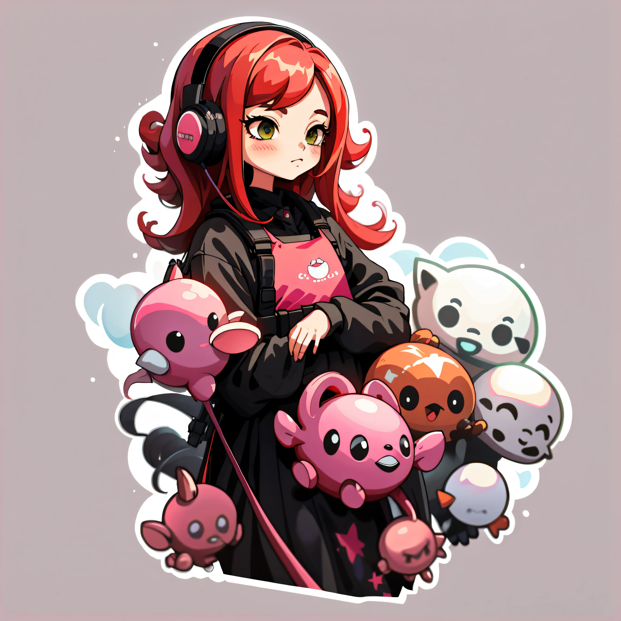 sticker,1girl,simple background,red hair,green eyes,black clothing,pink headset --auto --s2