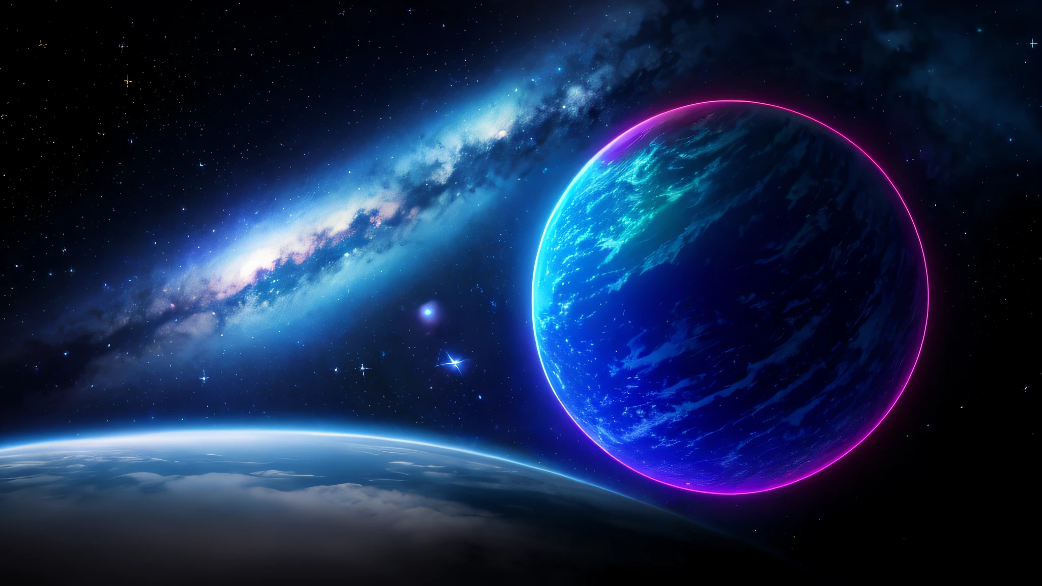 A closeup of a planet, planet in space over the horizon, beautiful space star planet, planet and stars, dark neon colored universe, galaxy sci-fi space, backround space, planets behind, planet in space, amazing space creature 4 k, space sky, fantasy space, planet in the sky --auto --s2